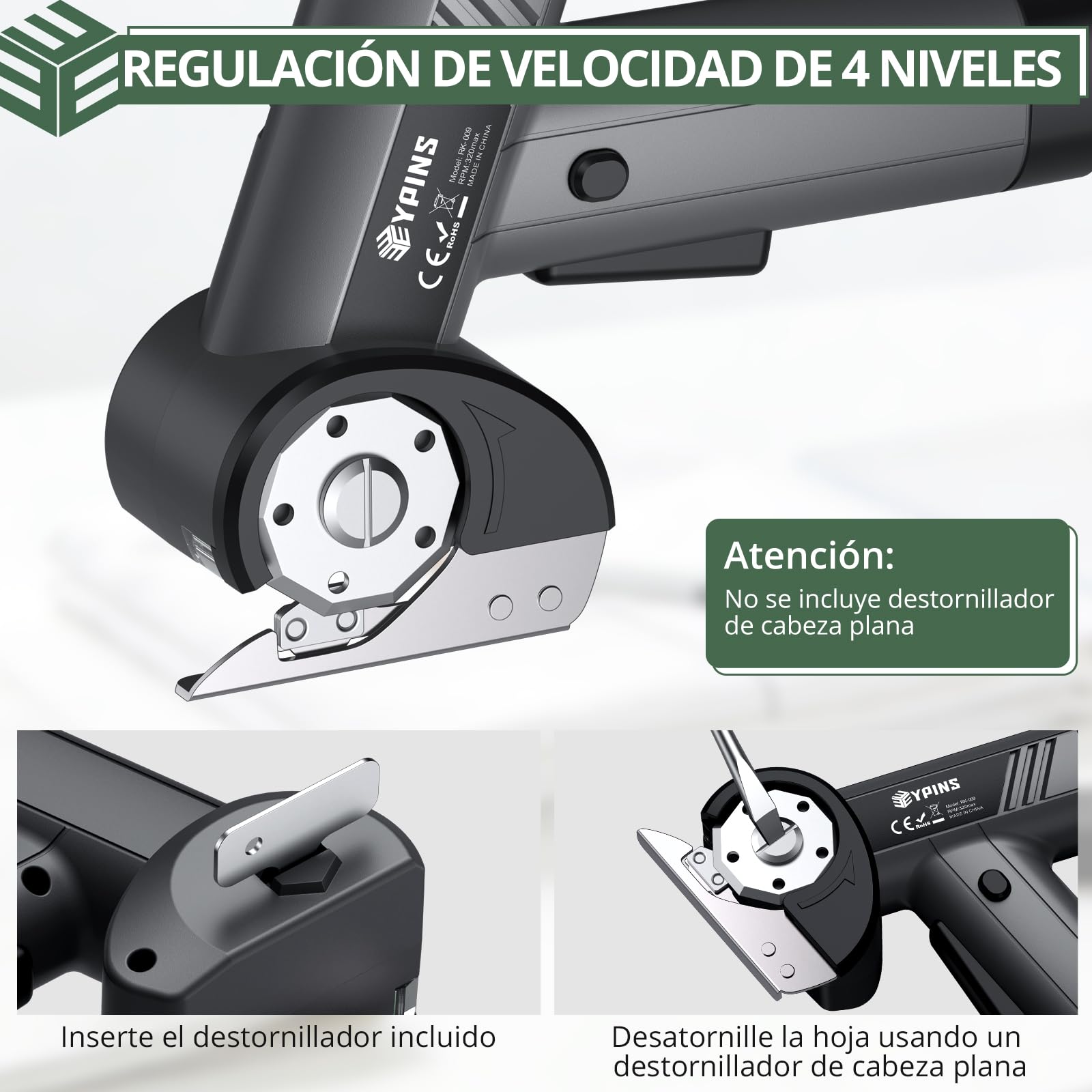 EYPINS Tijeras Eléctricas Inalámbricas con 4 Velocidades (120-320 rpm), Cortador Electrica con Pantalla LCD+Luz LED, Hoja SK5, Carga USB-C, Bolsa de Almacenamiento,para Tela Cuero Alfombra Cartón