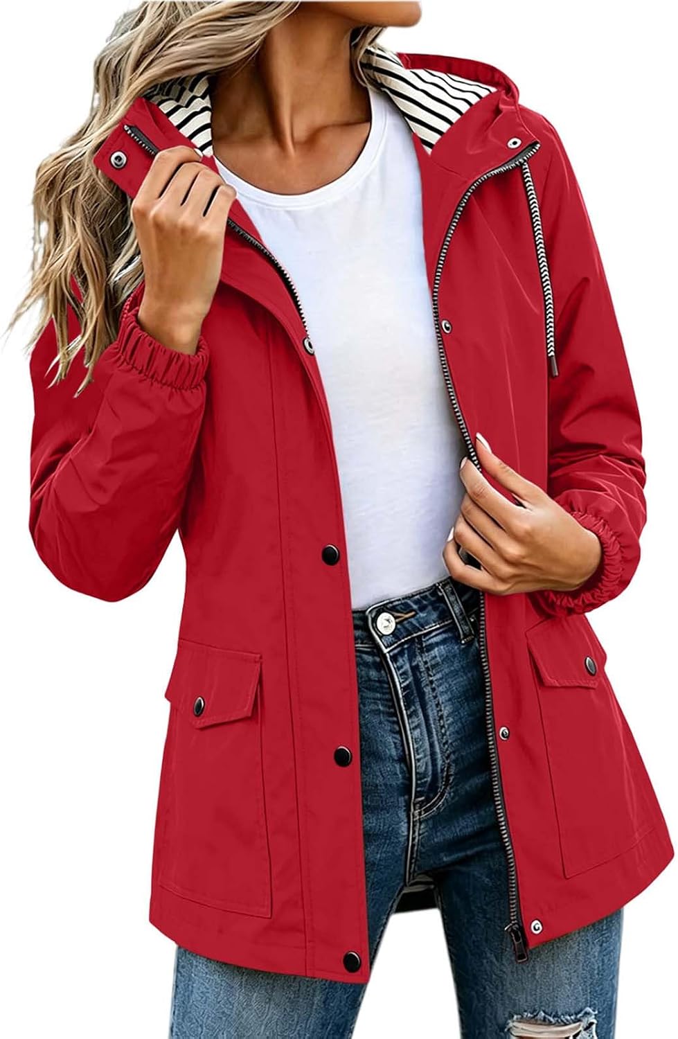 Rain Jacket Women Waterproof Lightweight Rain Coats Plus Size Hiking Travel Windbreaker Coats with Adjustable Hood