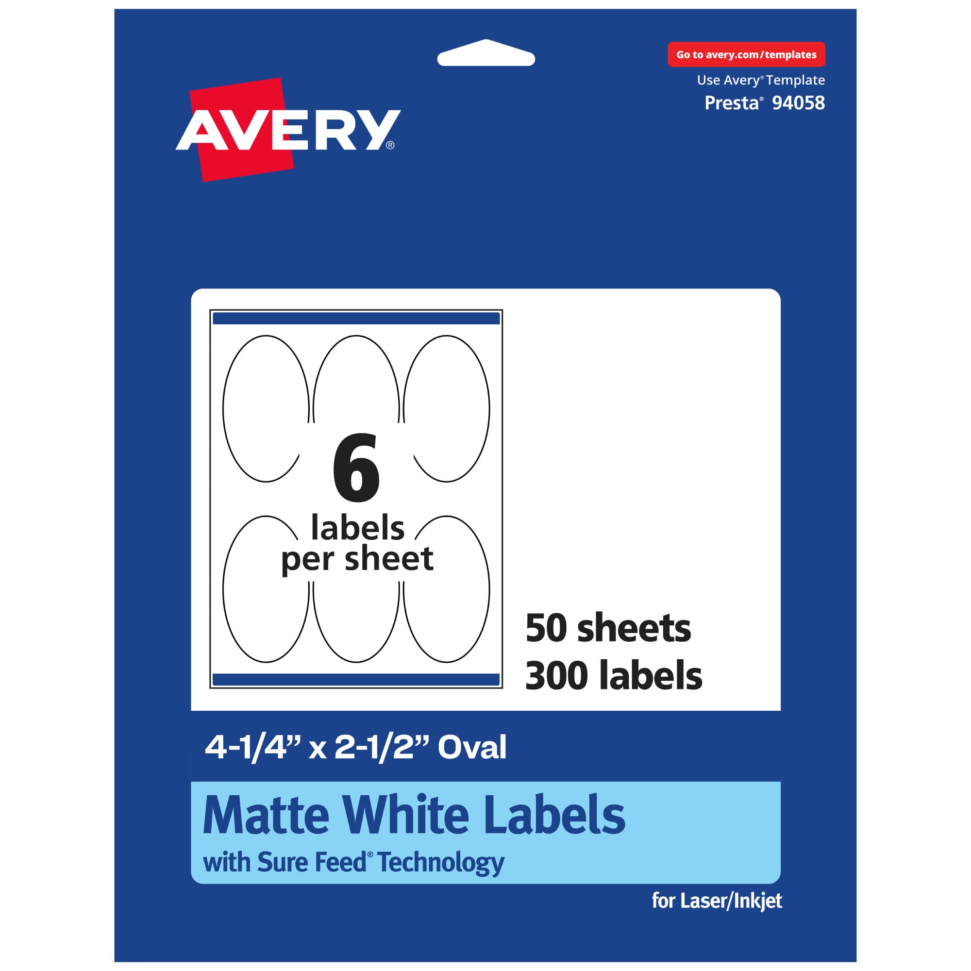 Avery Matte White Oval Labels, Sure Feed Technology, 4.25" x 2.5", 300 Matte White Printable Labels