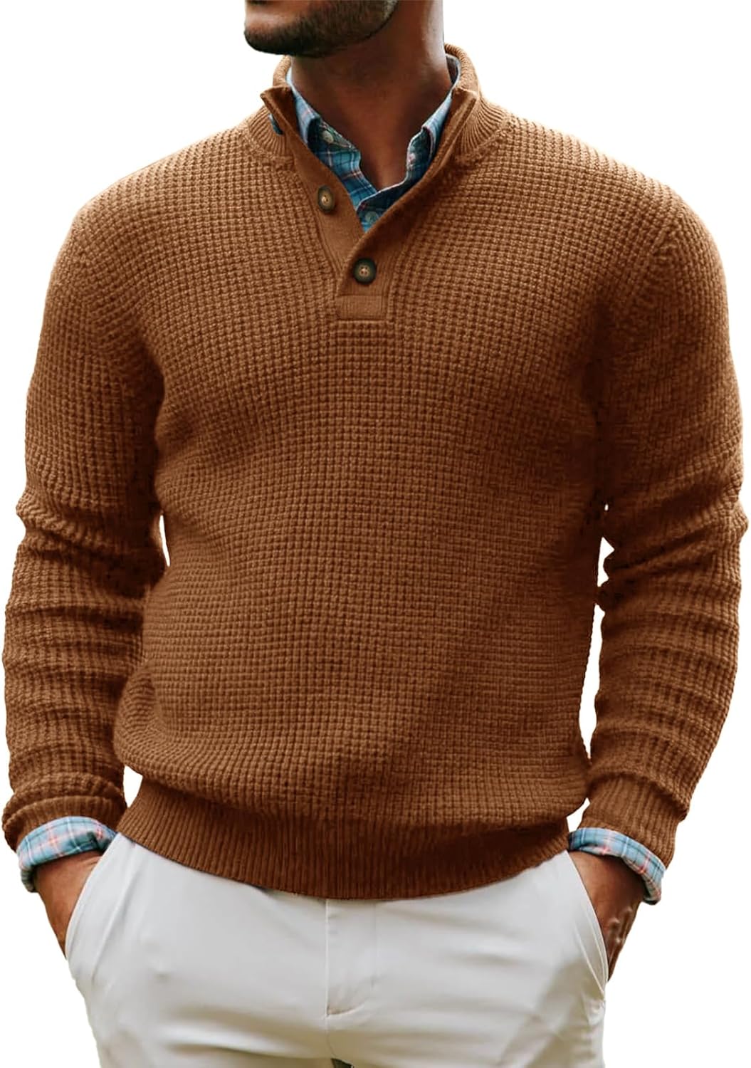 Runcati Mens Pullover Sweater Knitted Quarter Button Stand Collar Casual Thermal Henley Sweaters