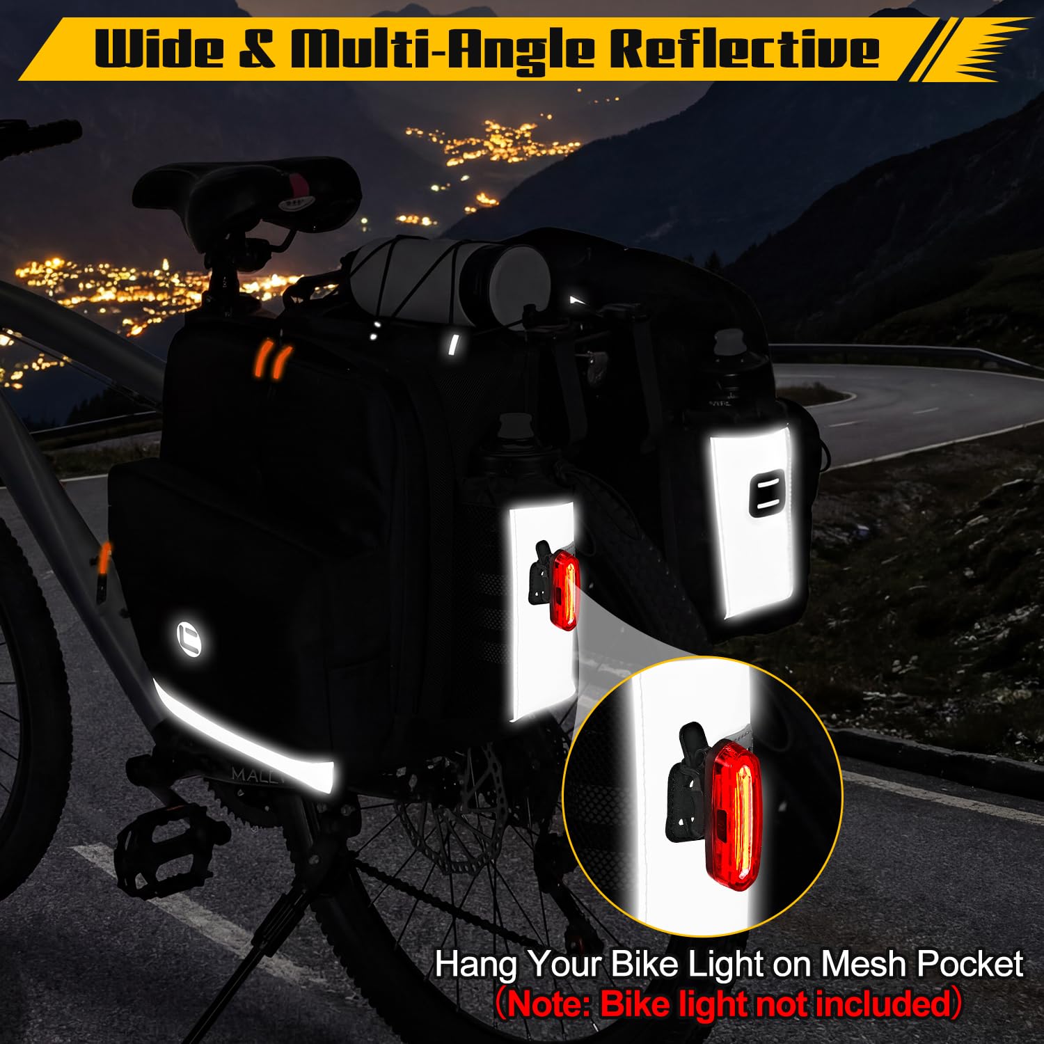 WOTOW Borsa da bici laterale - Borsa posteriore da 36L resistente all'acqua per portapacchi bici con strisce riflettenti e manici, borse da sella per bicicletta elettrica per ciclismo