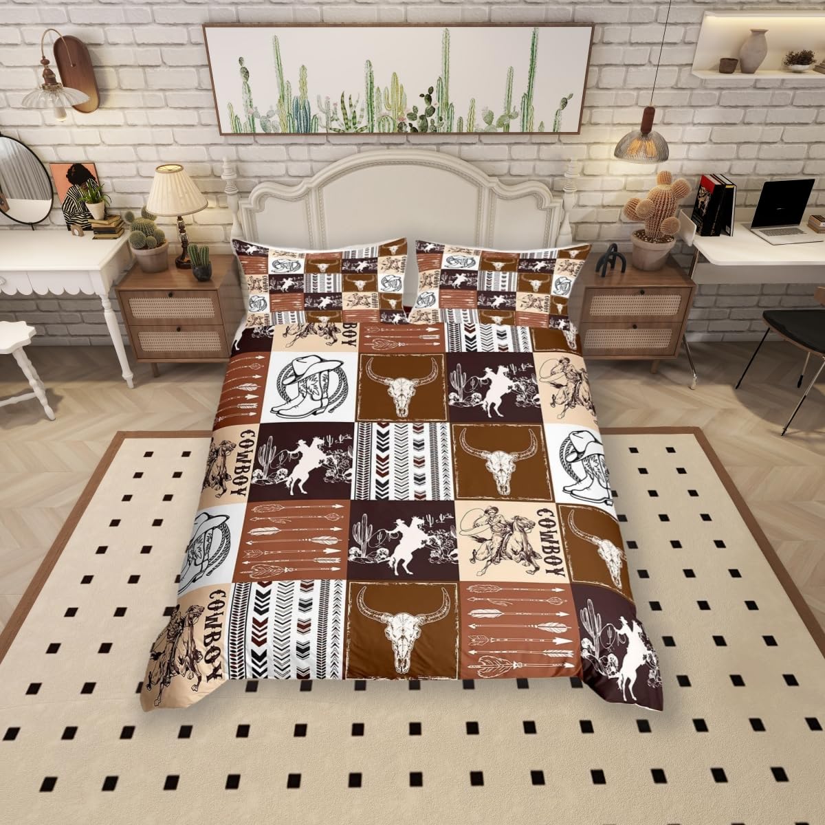 feelingyou Western Cowboy Duvet Cover Double Size,Bull Skull Horse Arrow Comforter Cover for Adults Kids Gift,Geometric Grid Brown Plaid Bedding Set 2 Pillowcases,No Comforter — image 1