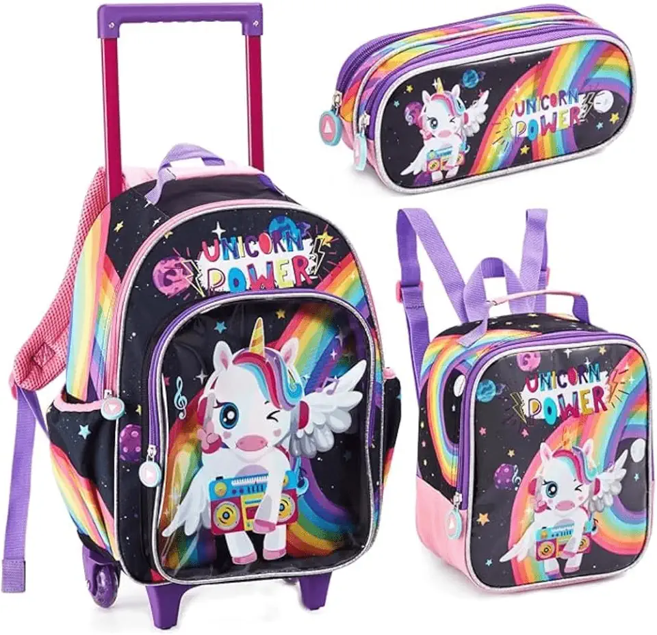 Kit Mochila Escolar Infantil com Rodinhas 3 em 1 para Menina – Mochila + Lancheira + Estojo – Mochila de Rodinha Feminina Infantil - Sereia, Unicórnio e Fada