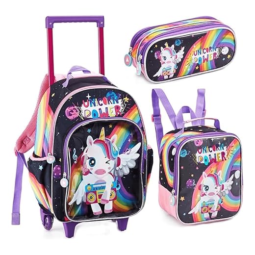 Kit Mochila Escolar Infantil com Rodinhas 3 em 1 para Menina – Mochila + Lancheira + Estojo – Mochila de Rodinha Feminina Infantil - Sereia, Unicórnio e Fada