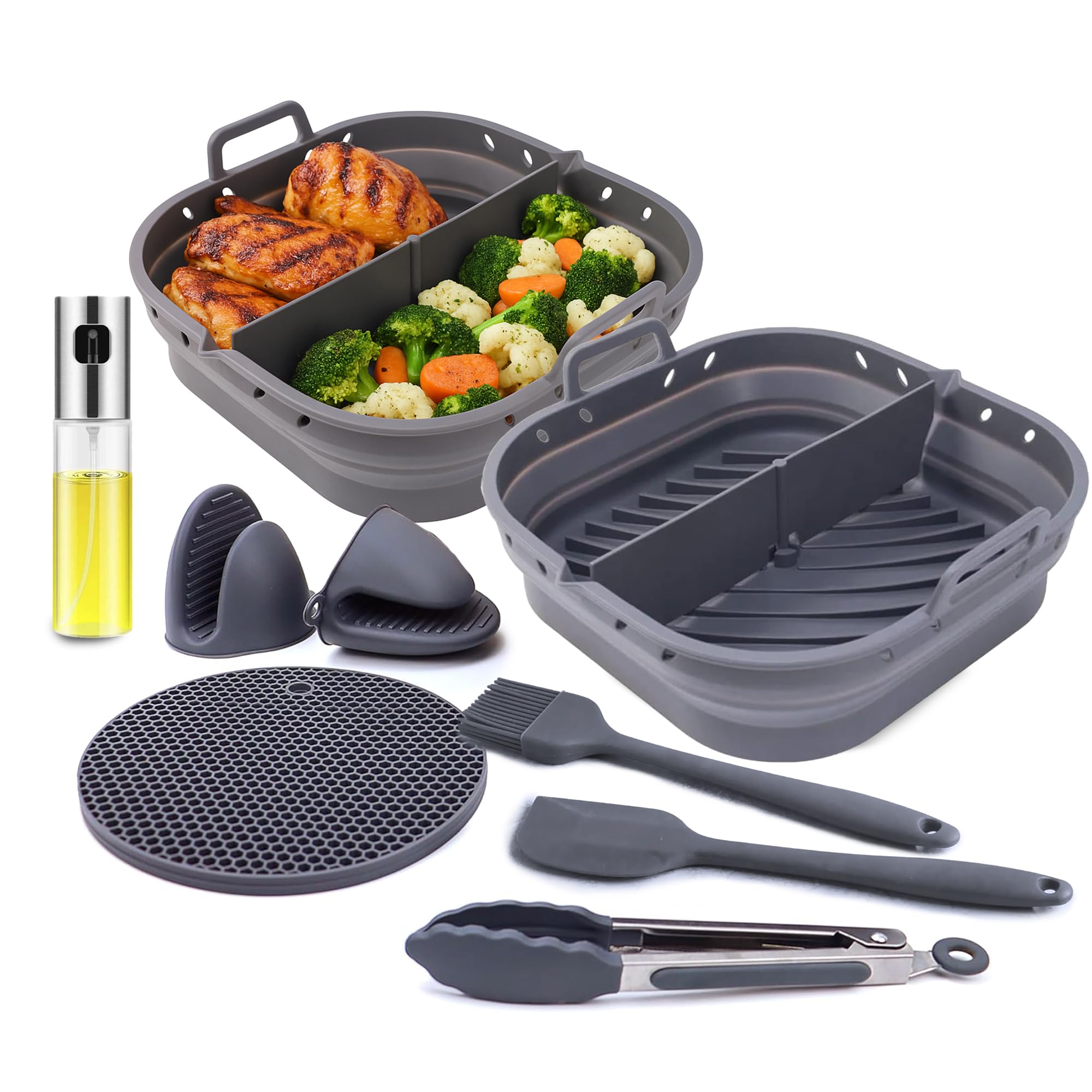 Set Accesorios Freidora de Aire (5.5 L o Más) Moldes de Silicona, Cesta, Recipiente, Utensilios Compatibles Air Fryer microondas Horno – Kit Utensilios de Cocina Freidoras sin Aceite (Cuadrado)