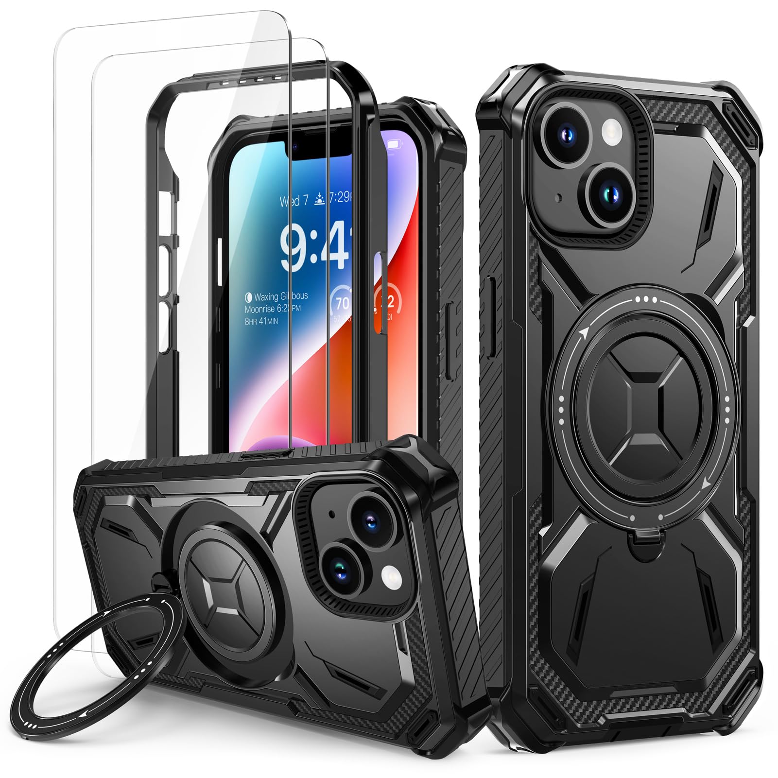 Lanhiem Cover per iPhone 14 / iPhone 13 con 2 Pezzi Vetro Temperato, Supporto Magnetico Anello a 360° Protezione 14FT Antiurto Anticaduta Militare Armor Protezione, Custodia per iPhone 13/14, Nero
