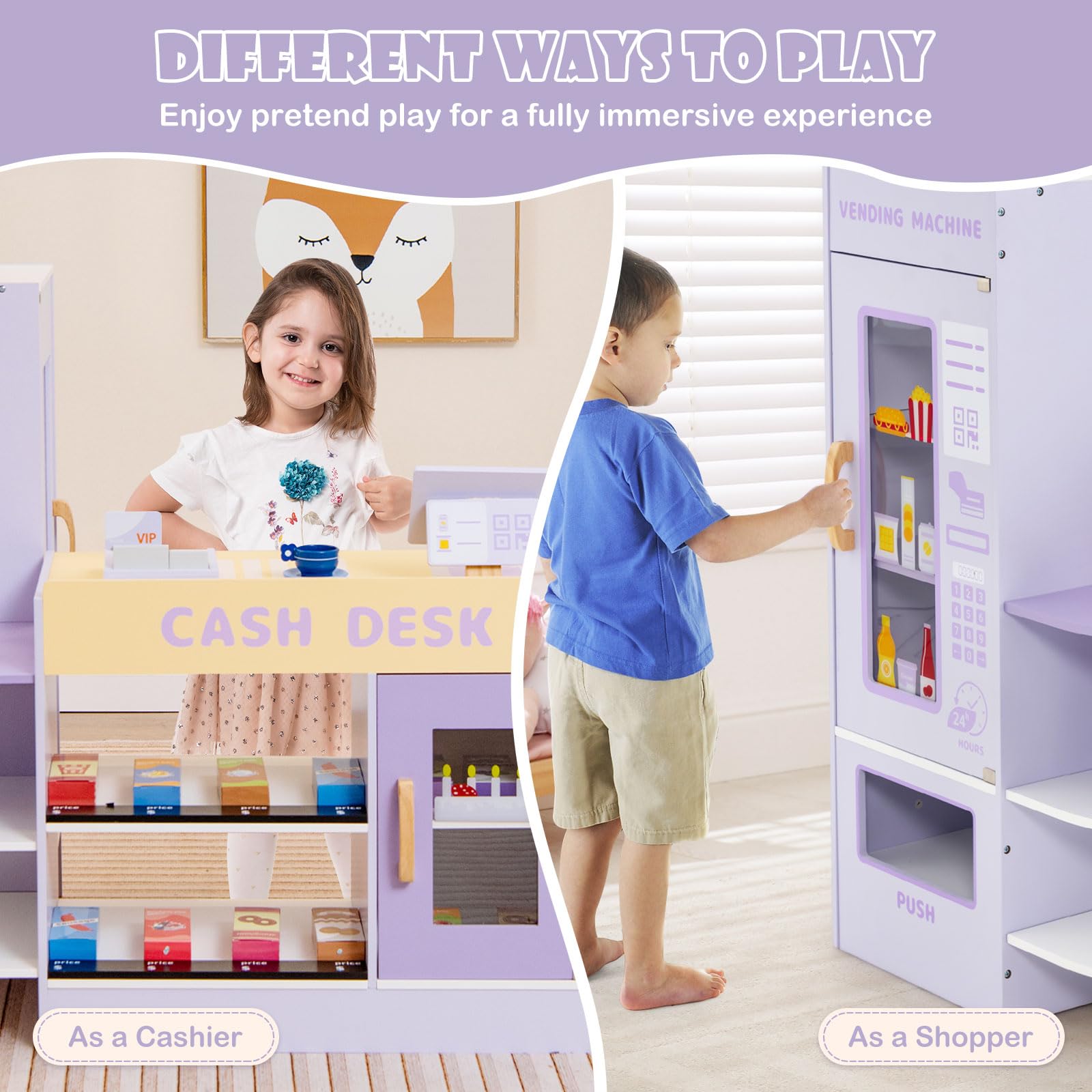 RELAX4LIFE Registratore di Cassa Giocattolo per Bambini, Banco Spesa del Negozio/Supermercato con Macchina POS, Distributore Automatico e Lavagna Scrivibile, 15 Accessori (89 x 57 x 88 cm, Bianco