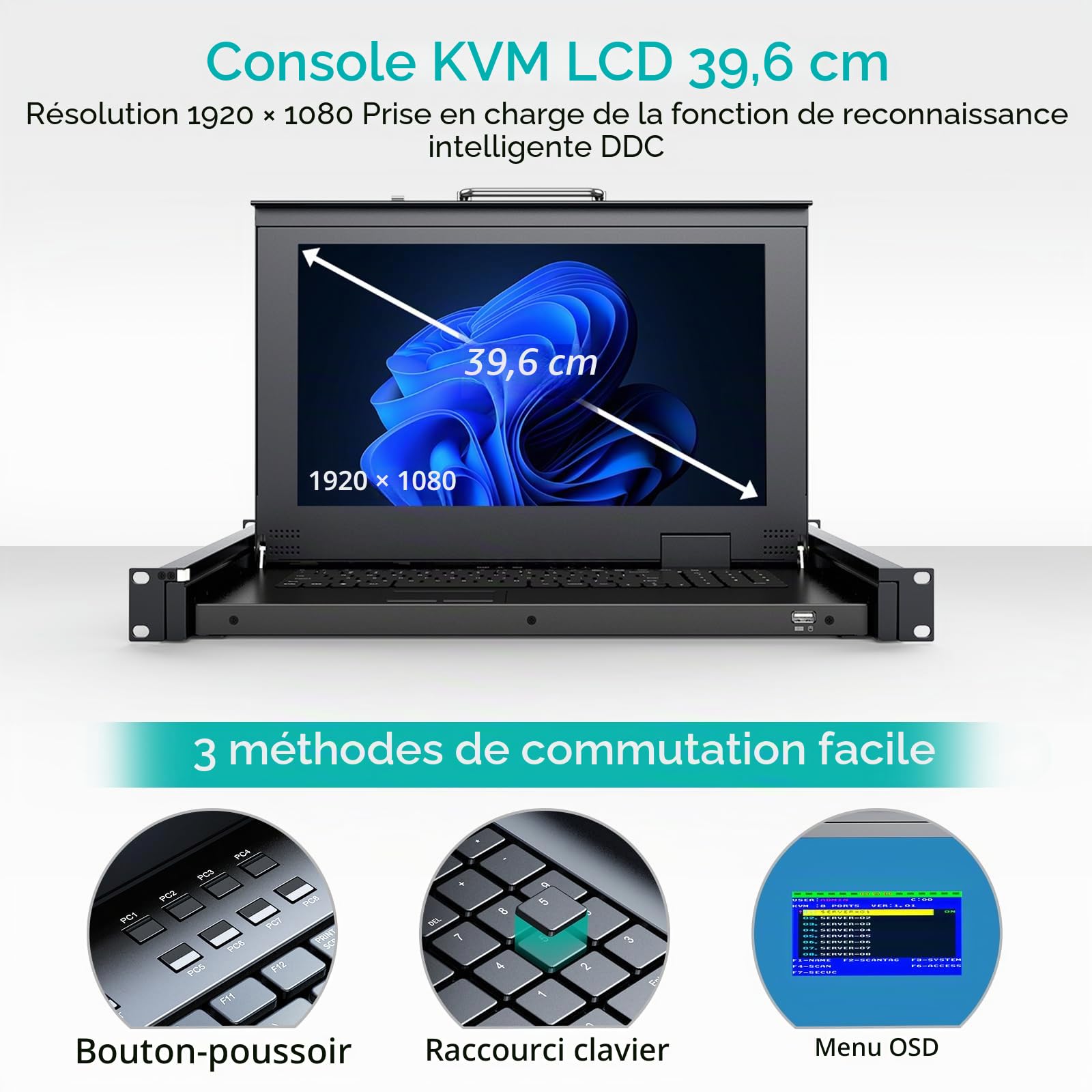 MT-VIKI® Console KVM à Montage en Rack, Commutateur VGA 8 Ports Avec Écran LCD 15,6 Po, 1080p, Pavé Tactile Intégré, Clavier, Tiroir et 8 Câbles