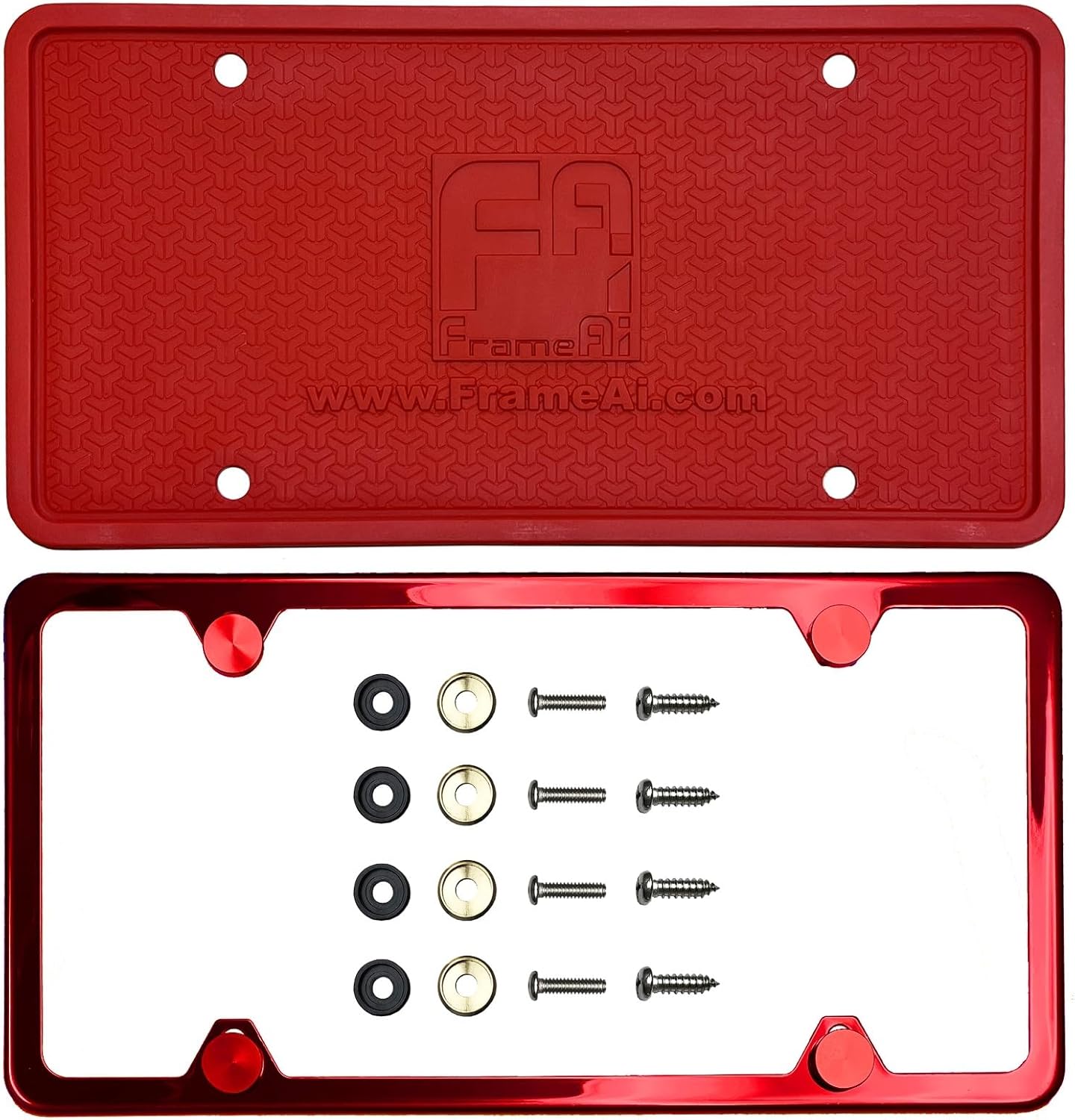 Silicone Back Guard Four Holes Slim License Plate Frame Candy Red Powder Coated Universal Fit Aluminum Screw On Cap Cover, T304 Stainless Steel, Rust Proof Weather Proof (Qty: 1 Frame)