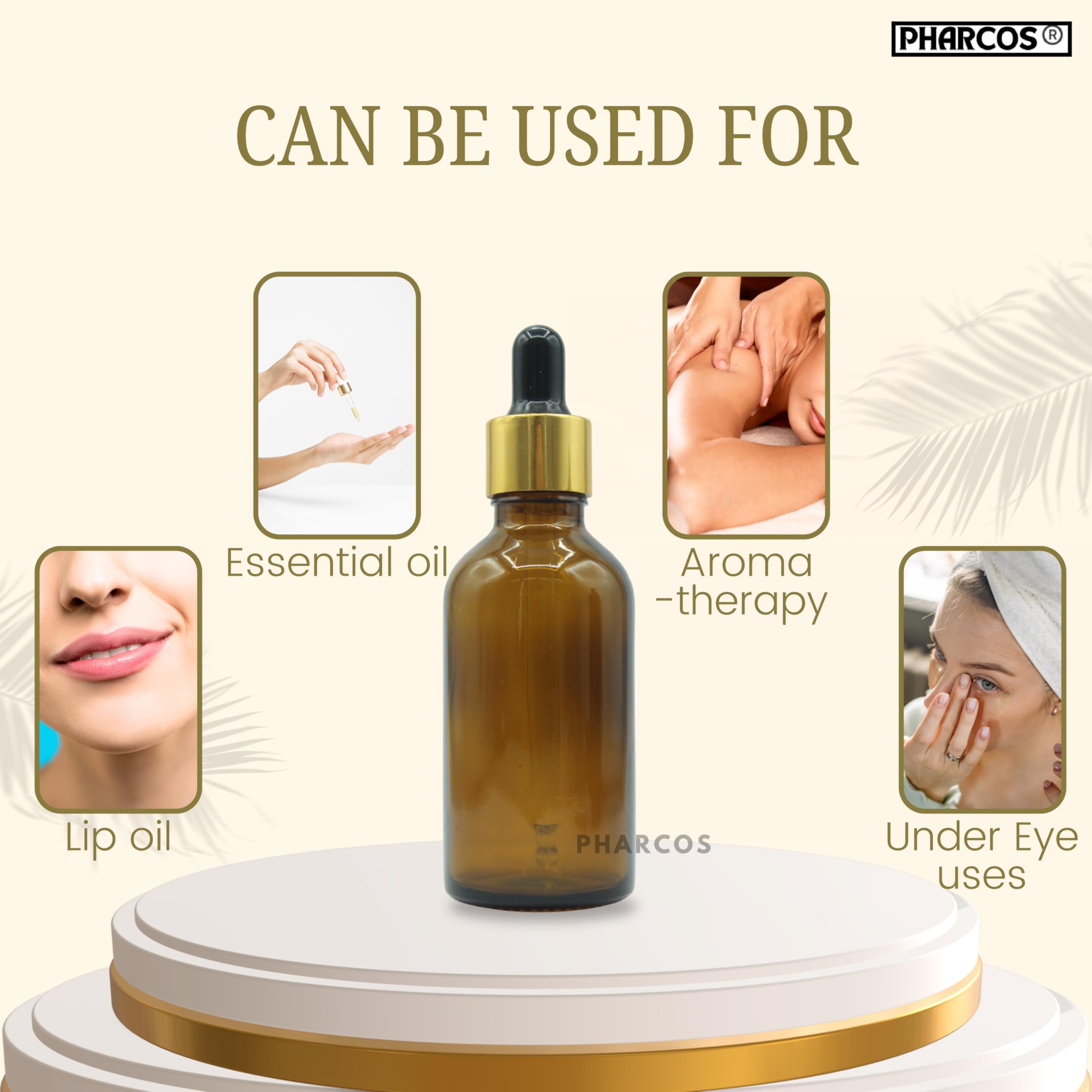 PHARCOS 50ml Amber Round Empty Glass Bottle with Golden Plating Ring, Black Silicone Teat for Essential Oils Blends, DIY Skin Care, Serum Bottles, Cosmetic Use Essential Oil bottles (Amber- 1pc- 50ml) 2