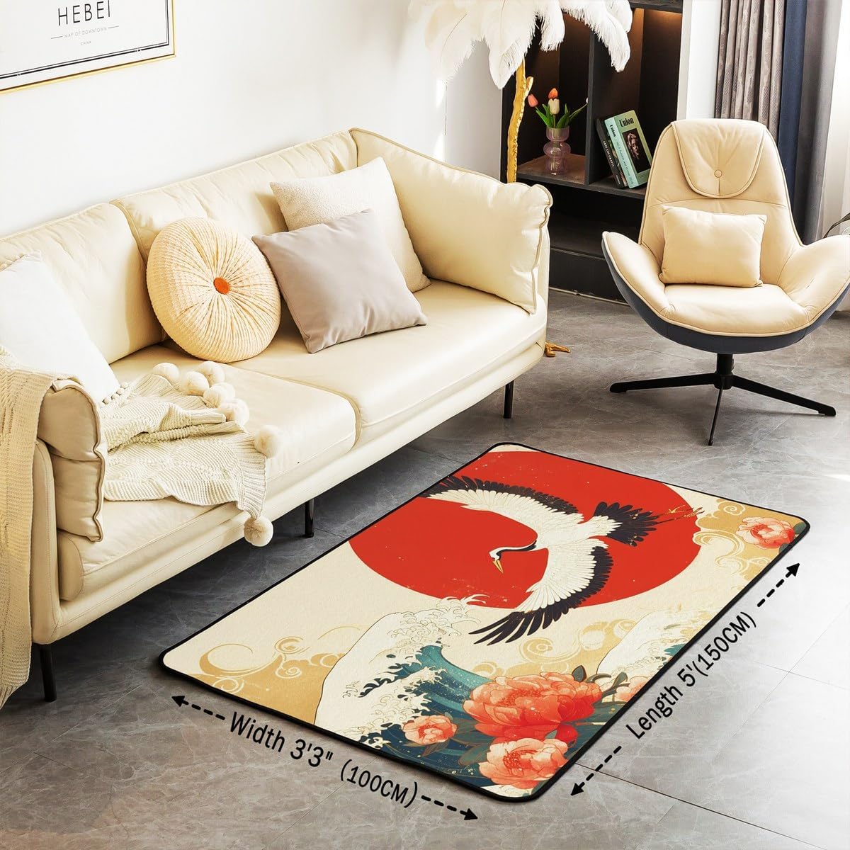 Erosebridal Japanese Crane Living Room Rugs 3x5,Oriental Asian Style Retro Flower Area Rug for Girls Women Room Decor,Ocean Wave Carpet Non Slip,Ukiyo-E Flowers Indoor Floor Mat Home Dorm Decor