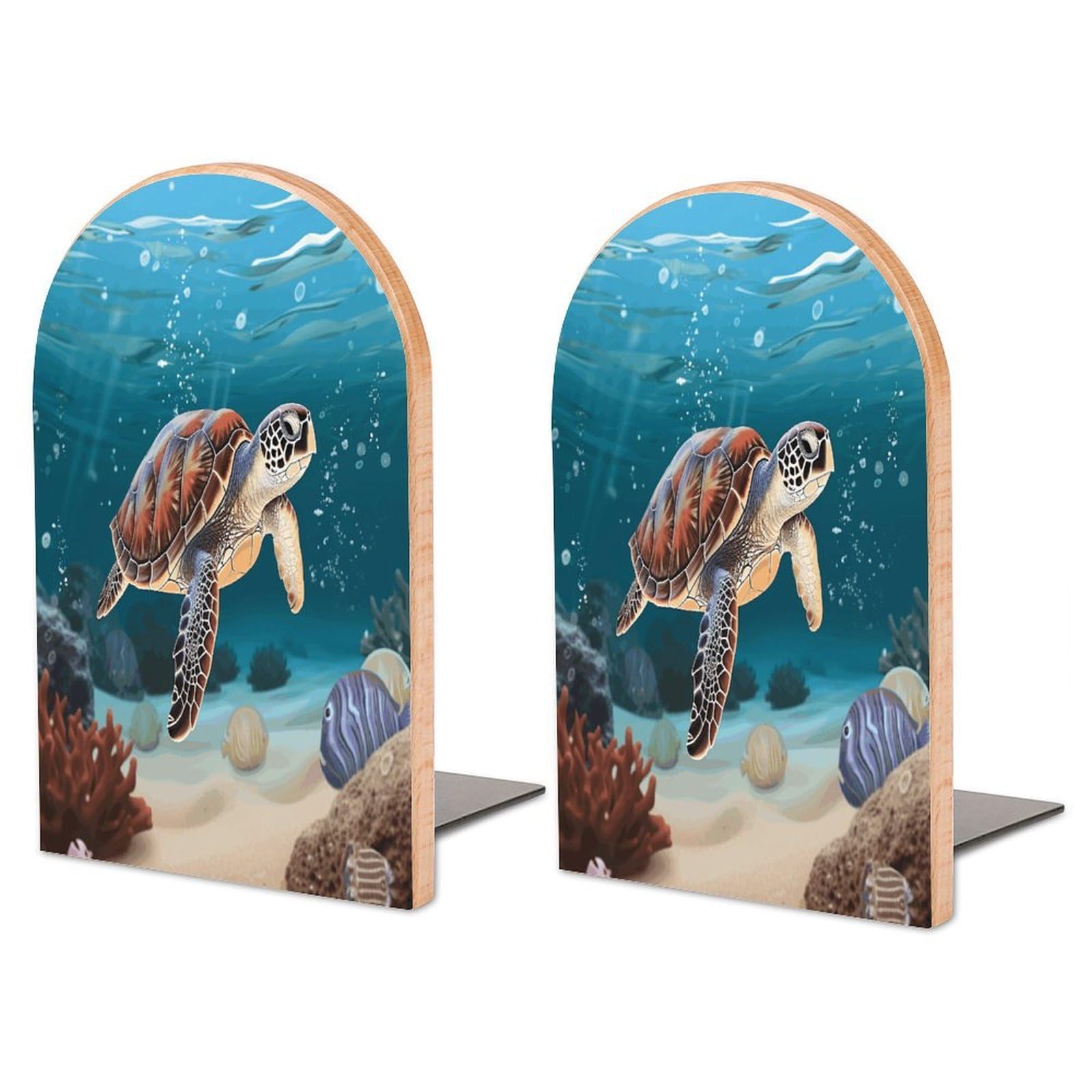 Sujetalibros de madera de tortuga marina y metal antideslizante para estanterías