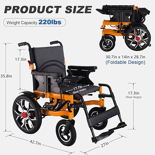 Miniatura 2 de Silla de ruedas eléctrica, silla de ruedas plegable de 16 pulgadas, neumáticos traseros más estables, 220 libras de motores dobles y batería de 12 Ah