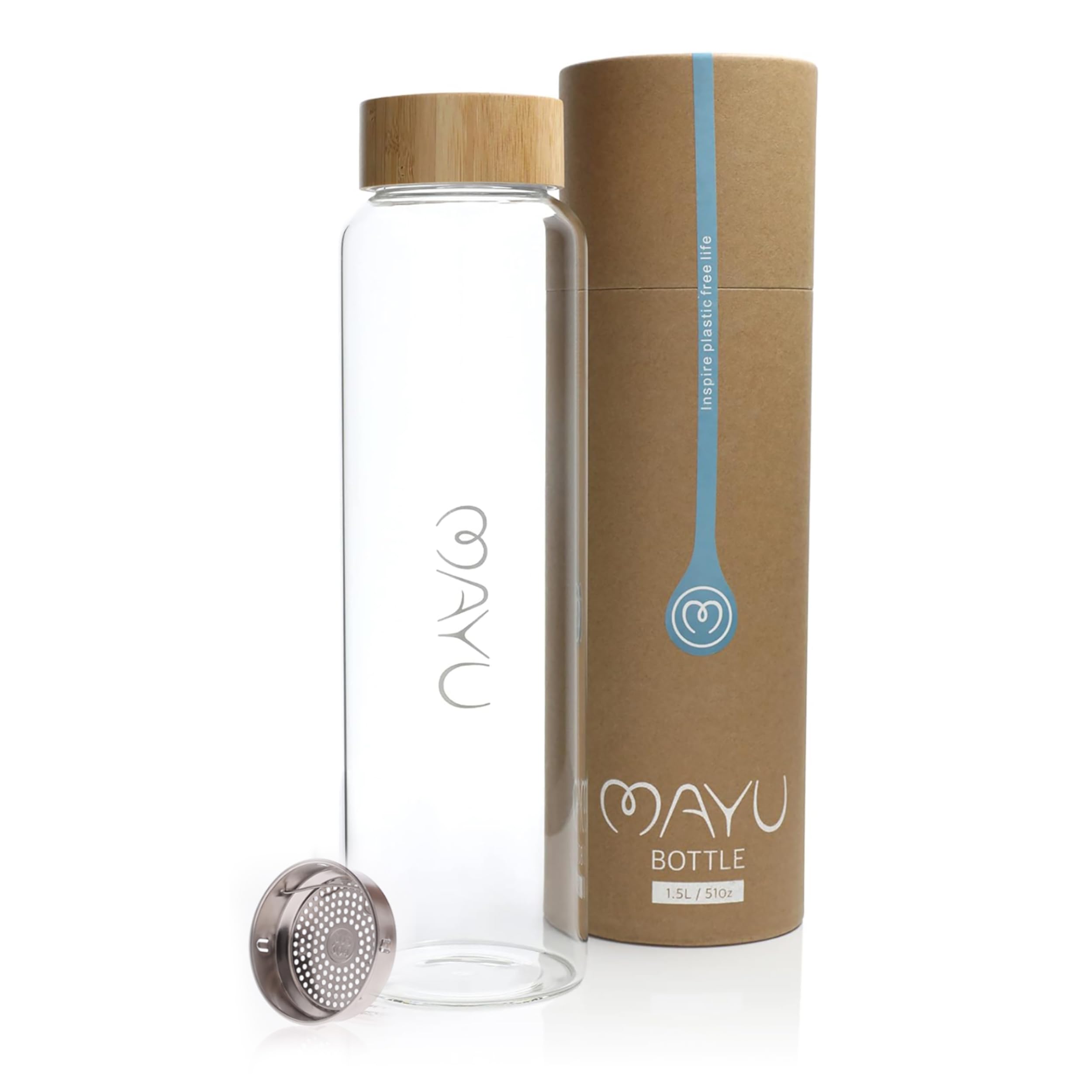 mayu Water Wasserflasche, Borosilikatglas, Bambusdeckel, 1,5 Liter | Integriertes Sieb, Bambus-Deckel, BPA-frei, auslaufsicher, umweltfreundlich, ideal für Wasser, Tee & Infused Water