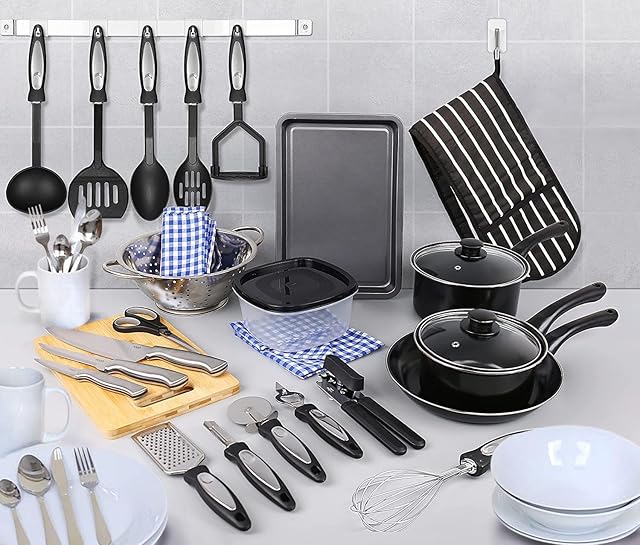 noah The Novice Chef Essential Kitchen Starter Kit - Ideal for Home Movers & Students - Includes Non-Stick Pan Set, Cooking Utensils, Dinner Set and More (4X Person Dinner Set)