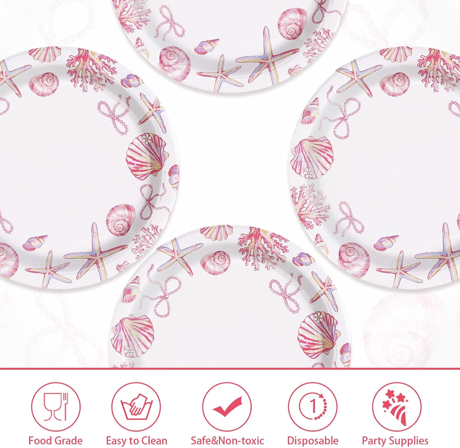 50Pcs Pink Bow Starfish Seashell Paper Plates Coastal Beach 10" Disposable Heavy Duty Plates Under The Sea Scalloped Ocean Theme Party Supplies for Girls Summer Birthday Wedding Holiday Party Decor