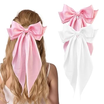 Big Bow Hair Clips for Girls Silky Satin Pink Hair Bows Large Hair Barrettes Cute with Long Tails Wedding White Hair Accessories for Women Oversizedwhite+pink