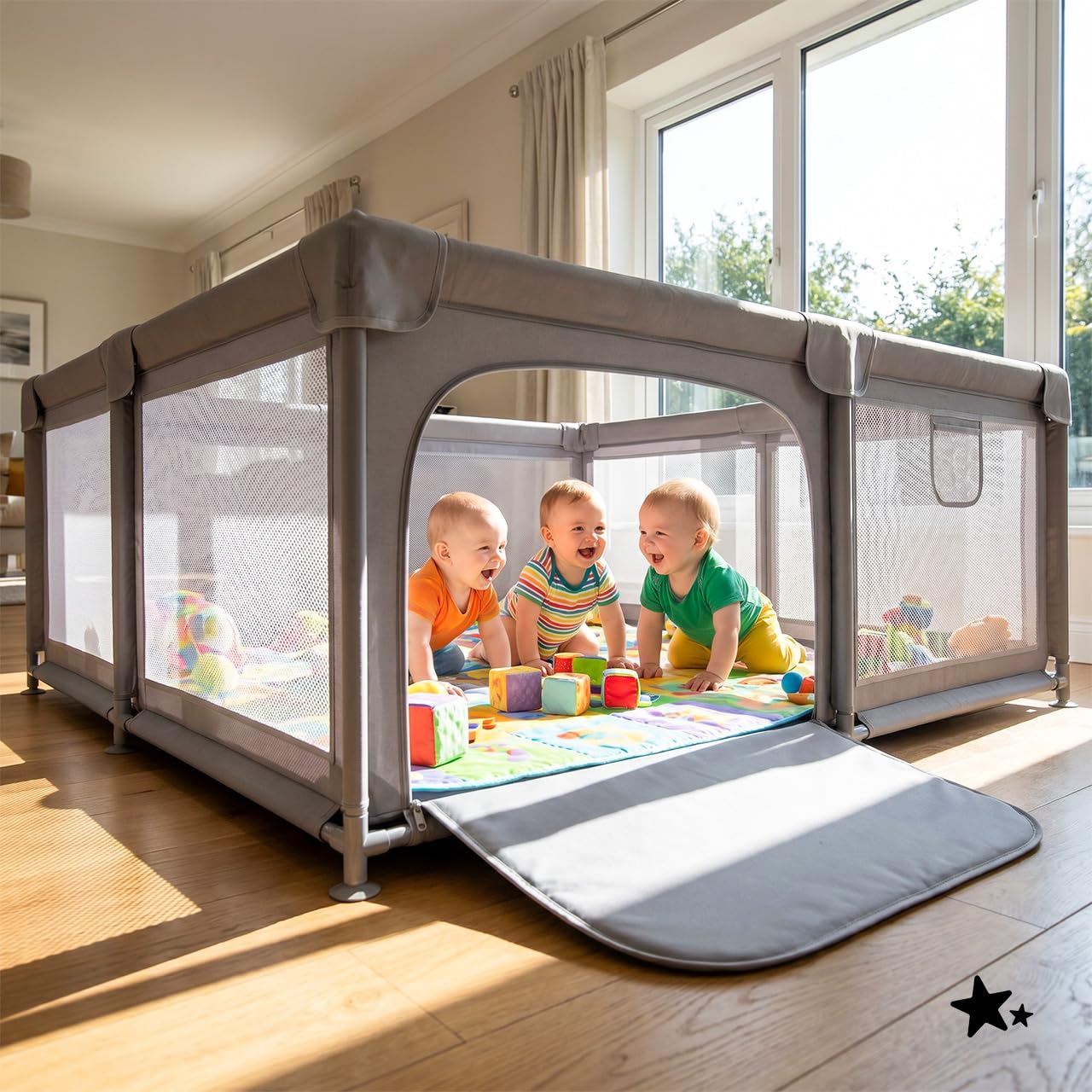 MalPlay Kojec dla niemowląt 150x180 cm dla dzieci w wieku 6-36 miesięcy, mobilny kojec dla dzieci z bokami z siatki, Laufgitter Playpen Play Pen składany, duży kojec dla niemowląt, zamek błyskawiczny