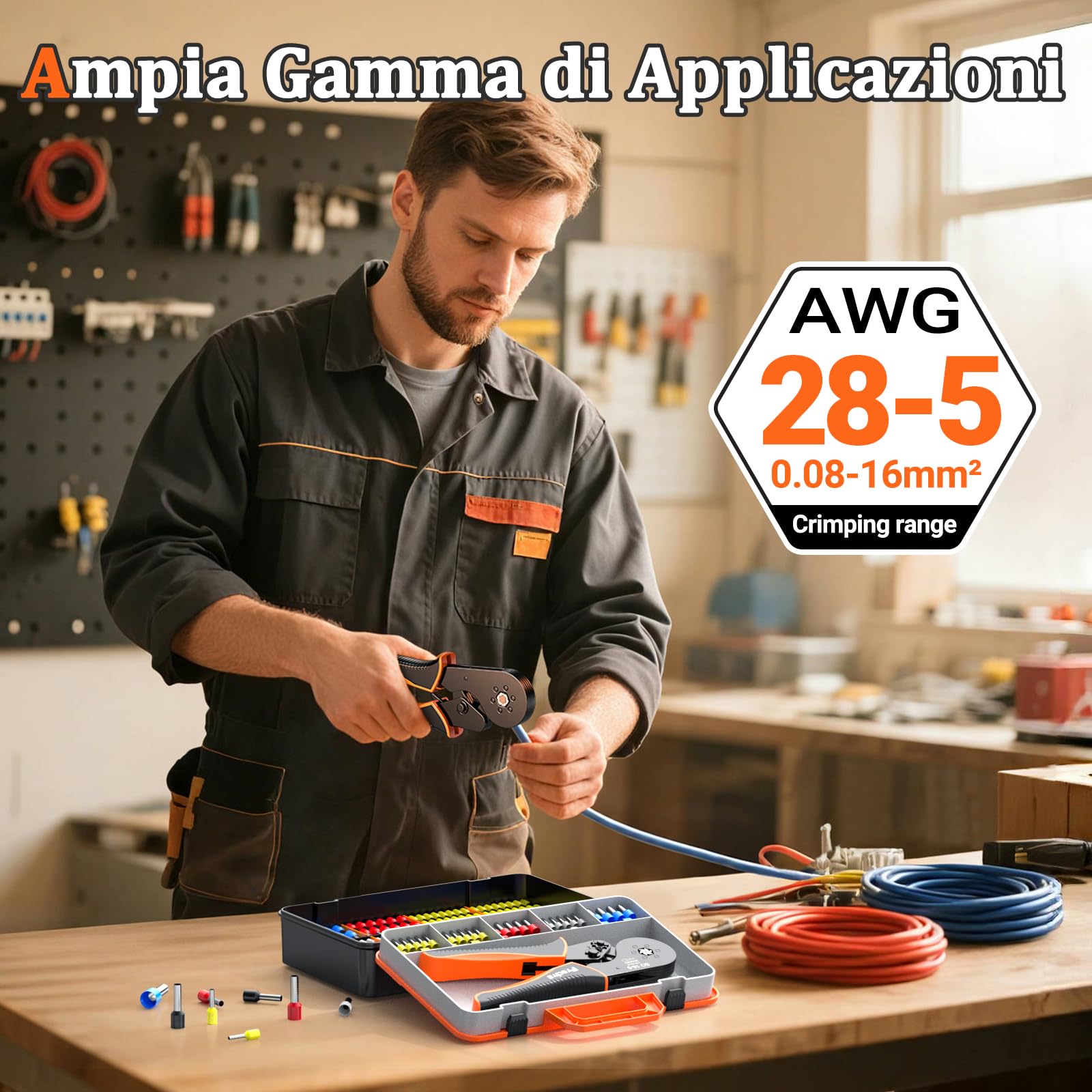 Pinza Crimpatrice per Capicorda 0,08-16mm², 1500 Pezzi Puntalini Elettrici, Crimpatrice Puntalini, Pinza Capicorda, Attrezzi Elettricista, Kit Elettricista Completo
