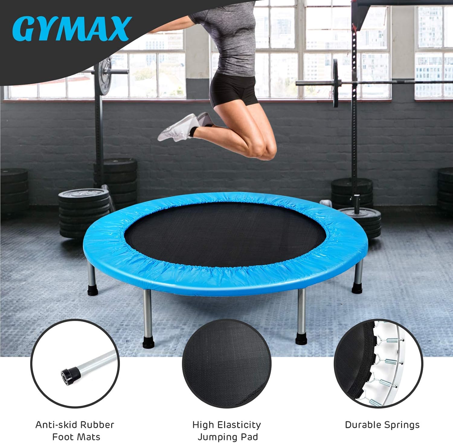 GYMAX Rebounder Trampoline for Adults, Mini Exercise Trampoline with Safety Pad, Foldable Rebounding Fitness Trampoline for Indoor/Outdoor, Small Workout Trampoline for Adults (Blue)
