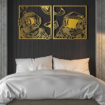 Metal Wall Decor, Astronaut Metal Wall Decor Set of 2, Large Metal Astronaut Wall Sculpture, Diver Metal Wall Art, Ocean and Space Decor, Modern Living Room Art 19.6" x 19.6" / 50 x 50 cm for each panel, gold