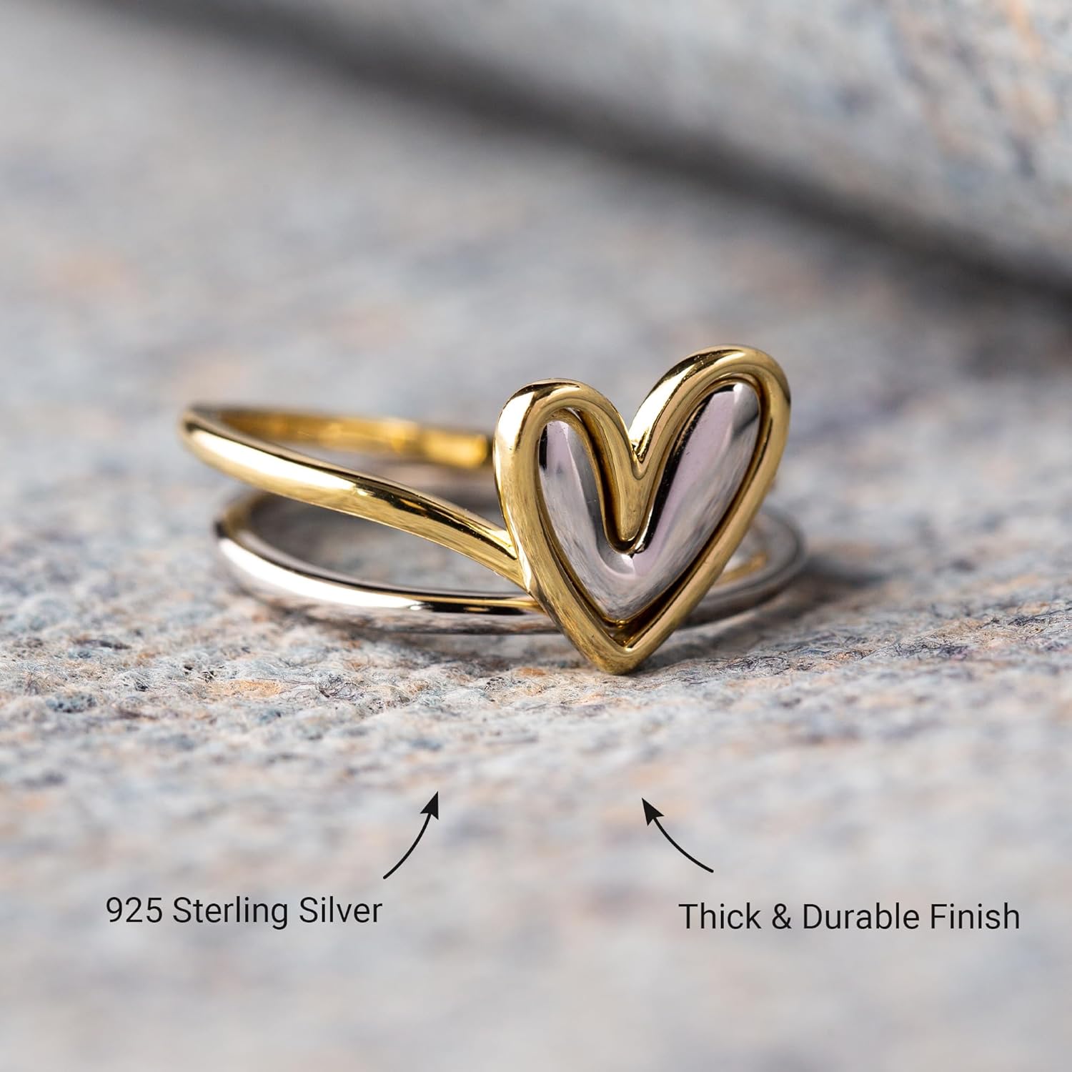 STORYJEWELLERY Heart Rings for Women, Mixed Metal Ring, Love Ring, Sterling Silver Two Tone Statement Rings for Women, Self Love Gifts