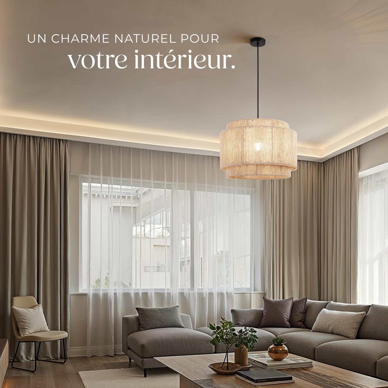 tectake® Suspension luminaire Ø46 x 32 cm, Abat jour en jute, Style Boho, Lustre 40W, Abat jour plafond, Lustre salon bohème, Plafonnier chambre Plafonnier cuisine Luminaire chambre, Suspension salon