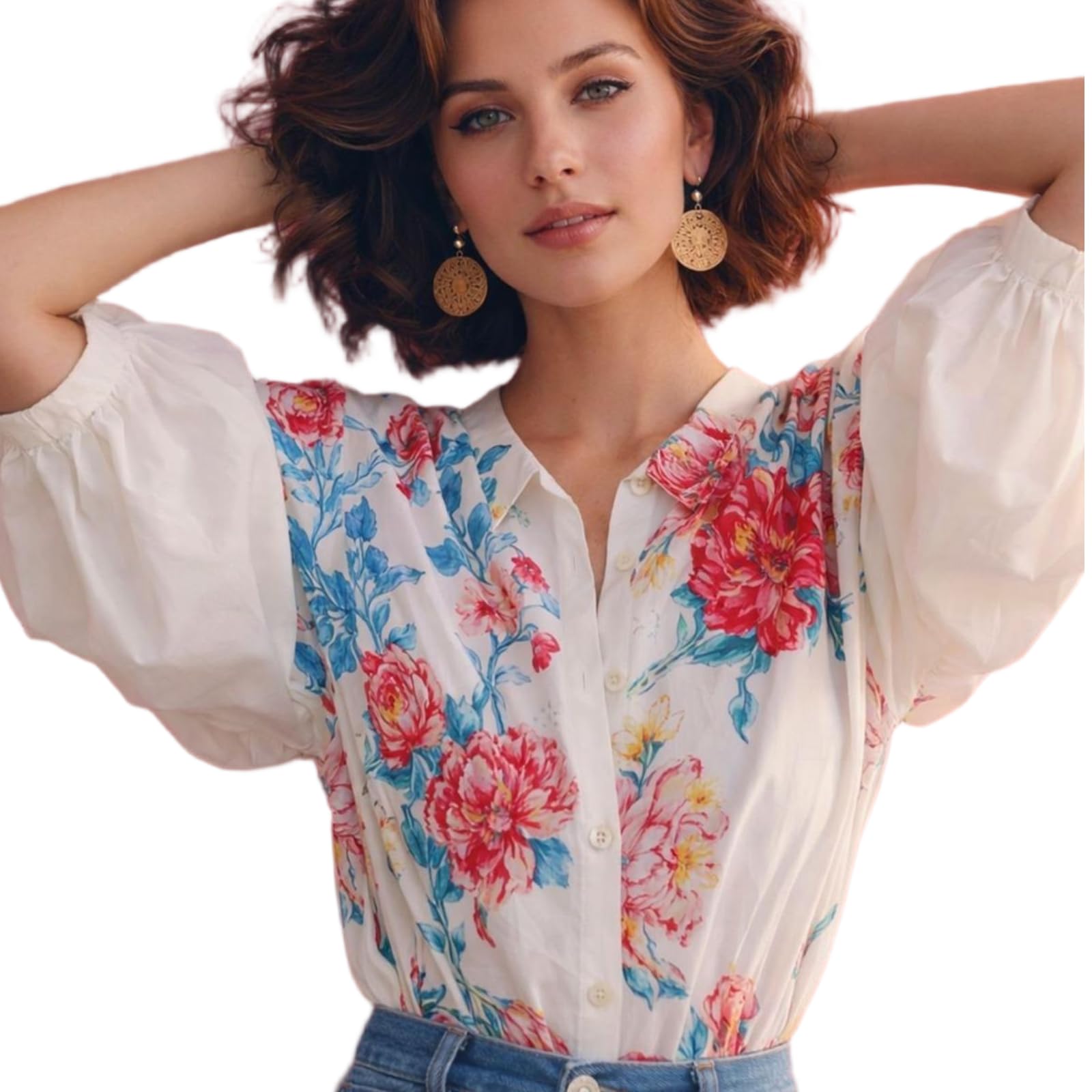 JCVBN - Camicia da donna vintage con maniche a sbuffo floreale, estiva, con colletto e maniche a sbuffo, stampa floreale, bottoni, colletto, vestibilità comoda, estate, poliestere