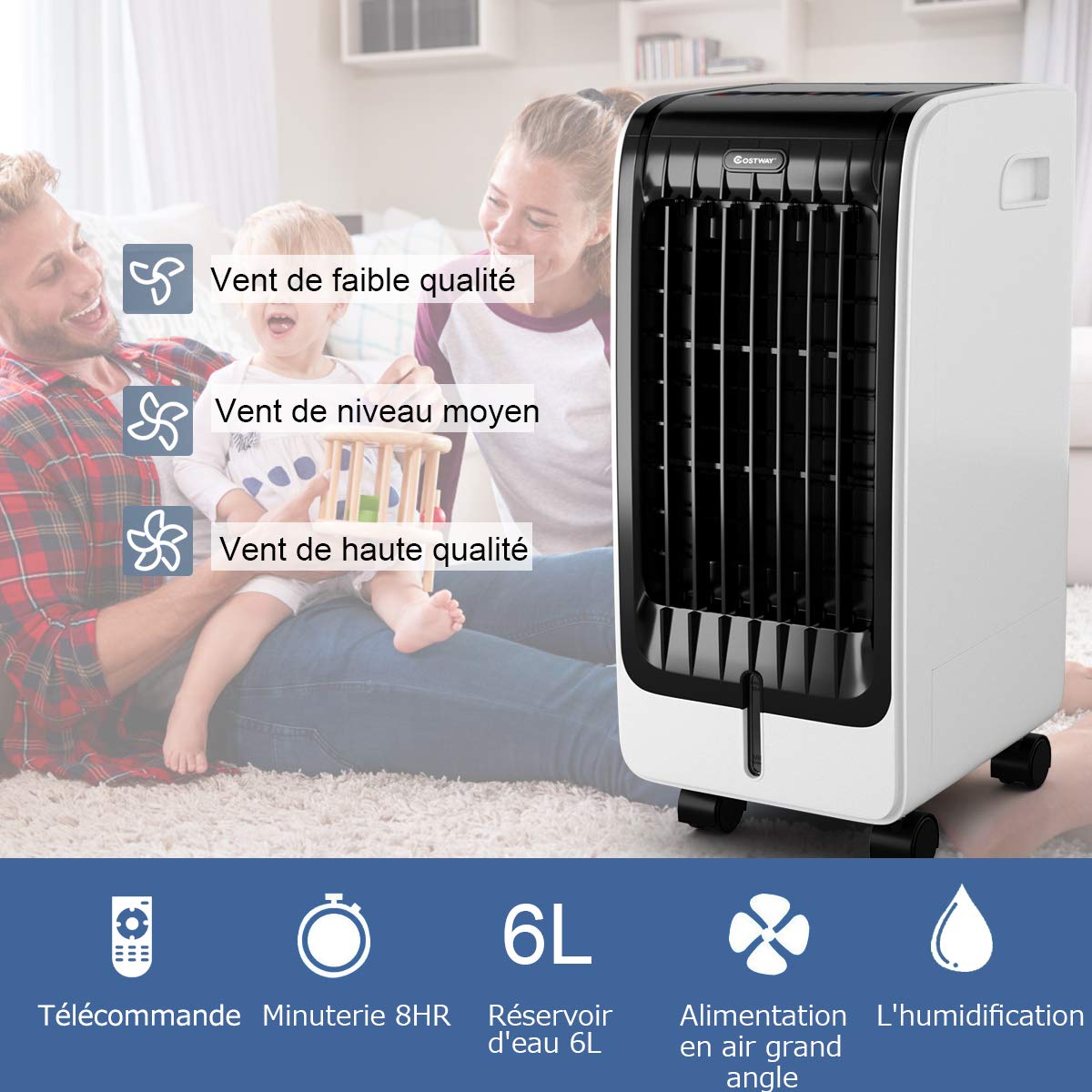 COSTWAY Rafraîchisseur d'Air 4 EN 1, Climatiseur Mobile sans Évacuation 6L, Auto-Oscillation,Refroidissement,Humidificateur,Minuterie 8H,2 Pain de Glace,Mini Climatiseur Faible Conso
