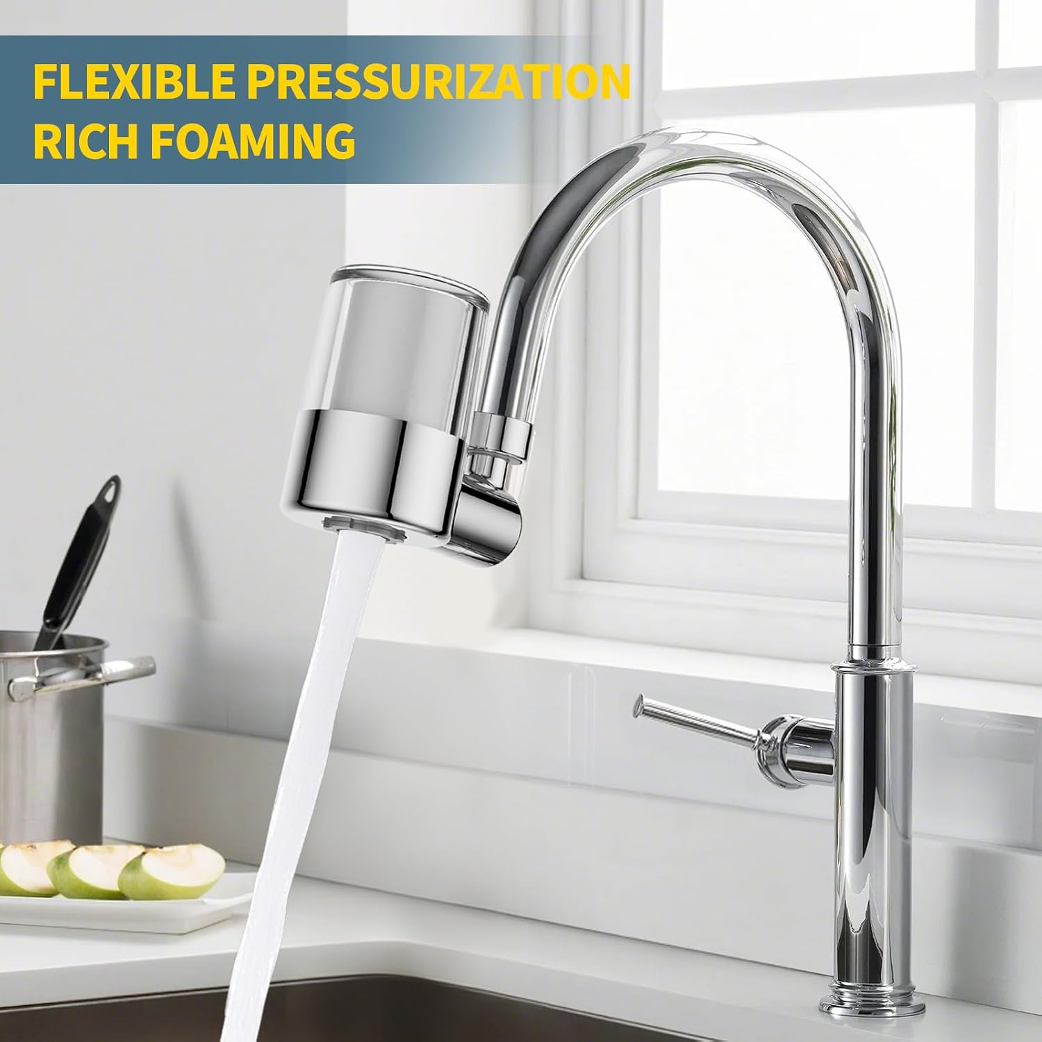 Splash-proof sink faucet extender aerator water filter, 720° rotatable faucet aerator, 2-mode spray, removes chlorine, taste, odor, suitable for kitchen/bathroom, 4 filter replacements