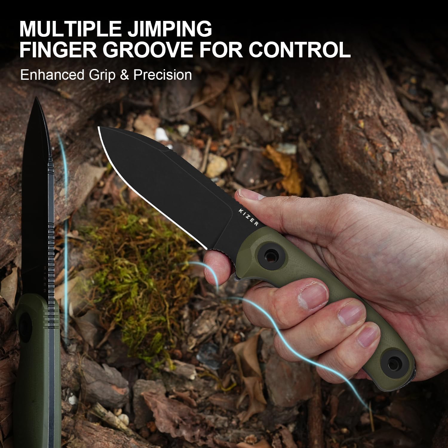 Kizer Drop Bear Fix 3 Fixed Blade Knife, 3.8" D2 Blade EDC Camping Knife with Olive Green G10 Handle, Small Hunting Knives with Sheath, Outdoor Survival Knives with Pocket Clip and Lanyard, 1101M1 - Image 6