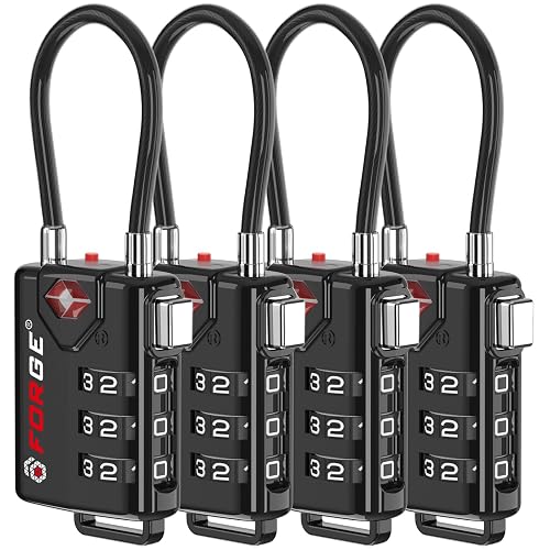 Forge TSA Approved Luggage Locks, Open Alert Cable Lock, Black, 4 Pack | TSA Approved, TSA Open Alert, Advanced TSA008 Lock Core, Resettable, Flexible Cable, Zinc Alloy Body, Large White Numbers