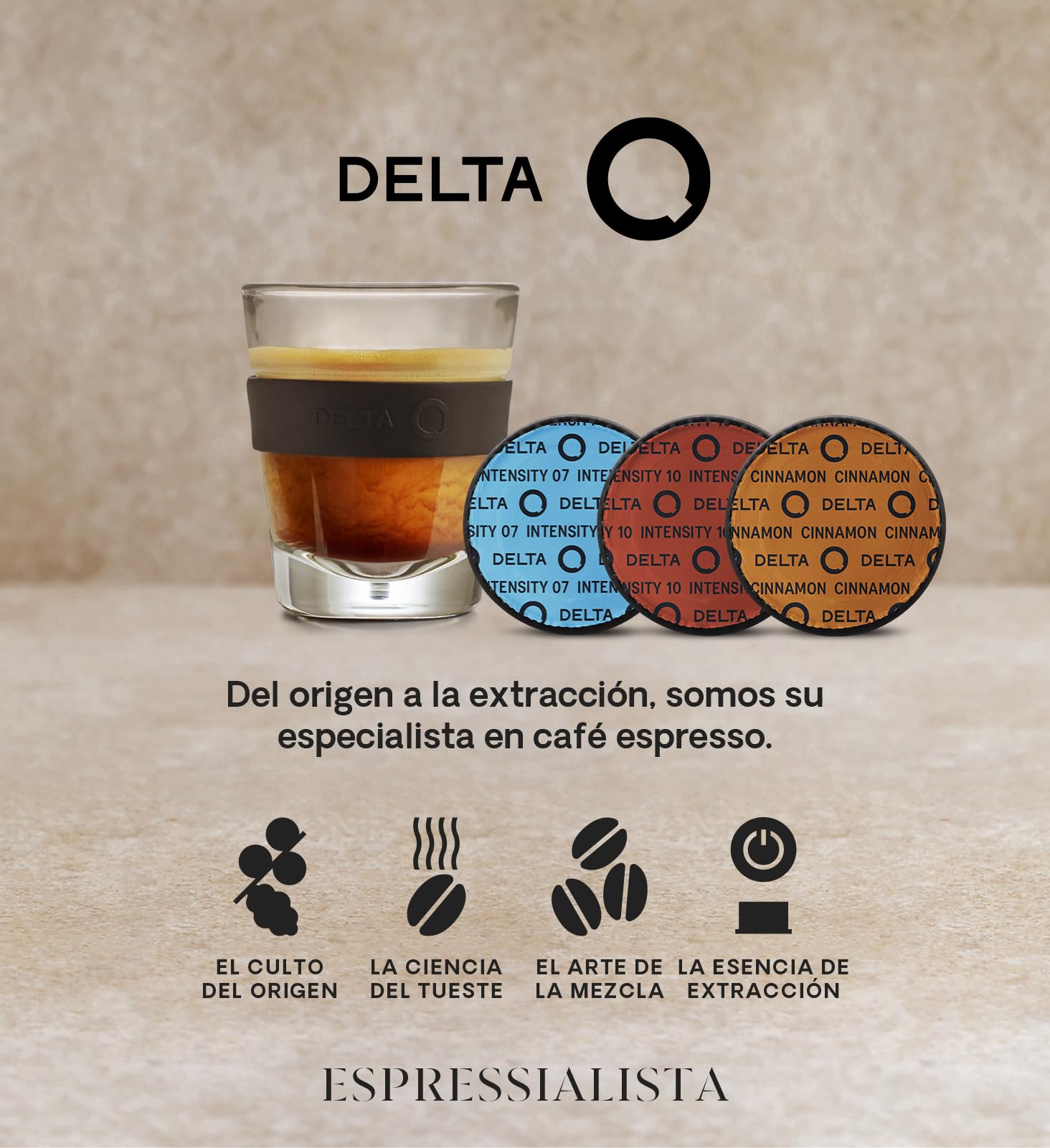 Delta Q | Cafetera Cápsulas IconiQ Azul + 60 Cápsulas Café | 40 Intensidad 10 + 10 Descafeinado + 10 Café con Canela