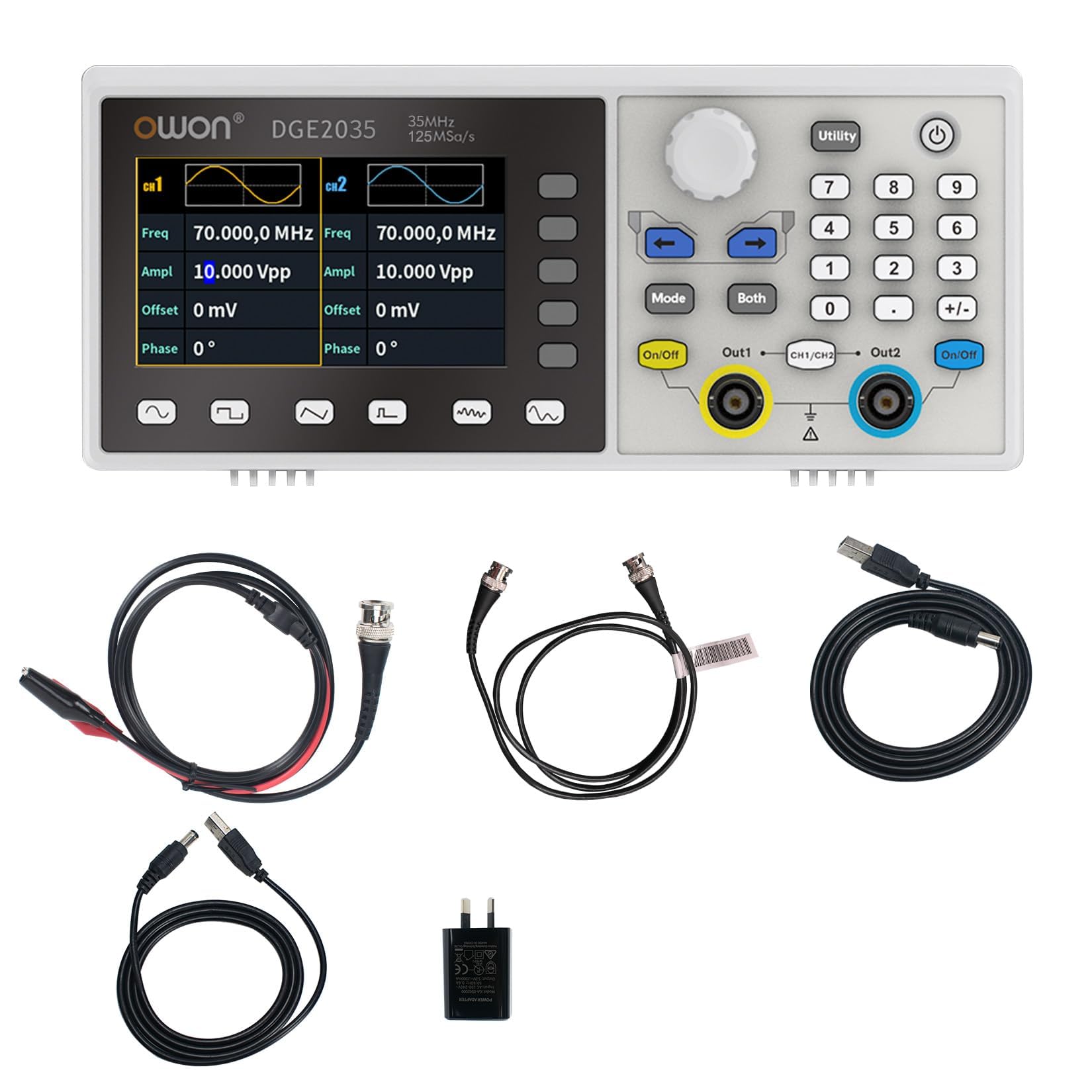 OWON DGE2035 Generatore portatile di forme d'onda arbitrarie, display LCD da 3,6 pollici, doppio canale, uscita di frequenza da 35 MHz, frequenza di campionamento massima di 150MSa/s generatore