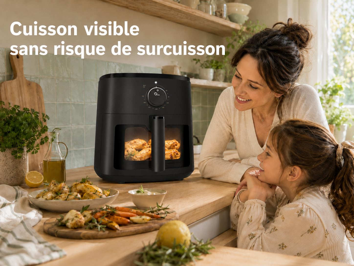 SIMPLUS Air Fryer 5L avec Fenêtre Visible, Friteuse sans Huile 1300W, 10 Menus Guidés, Contrôle par Molette, Compacte, 43dB Silencieuse, Cuisson Vapeur, 60-200°C, Jusqu'à 2-5 Personnes, Noir