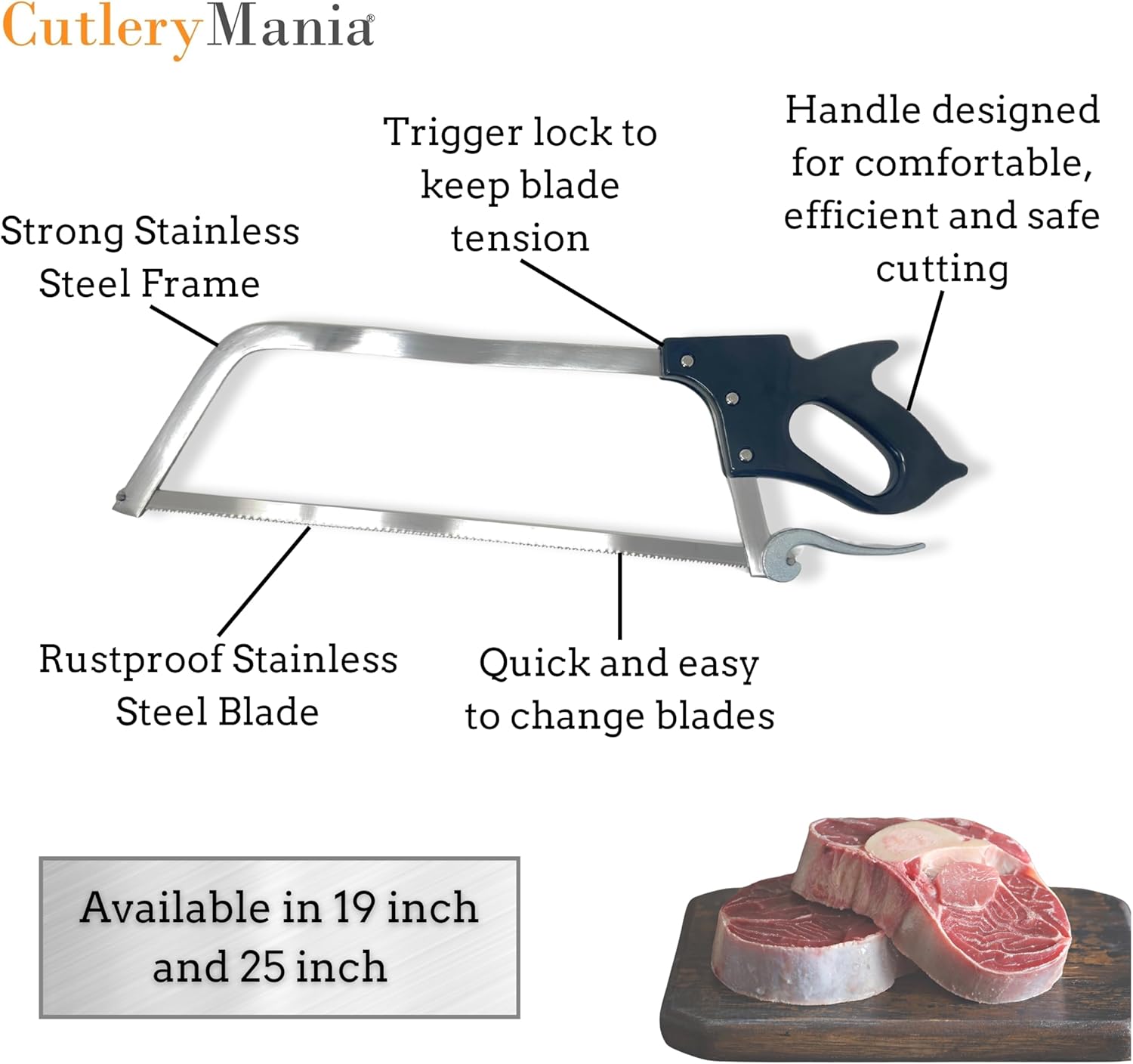 Cutlery Mania Stainless Steel Butcher Hand Saw (25 inch) | Professional Meat and Bone Cutting Tool | Corrosion-Resistant | Ergonomic Handle | Great for At Home Game and Livestock Processing