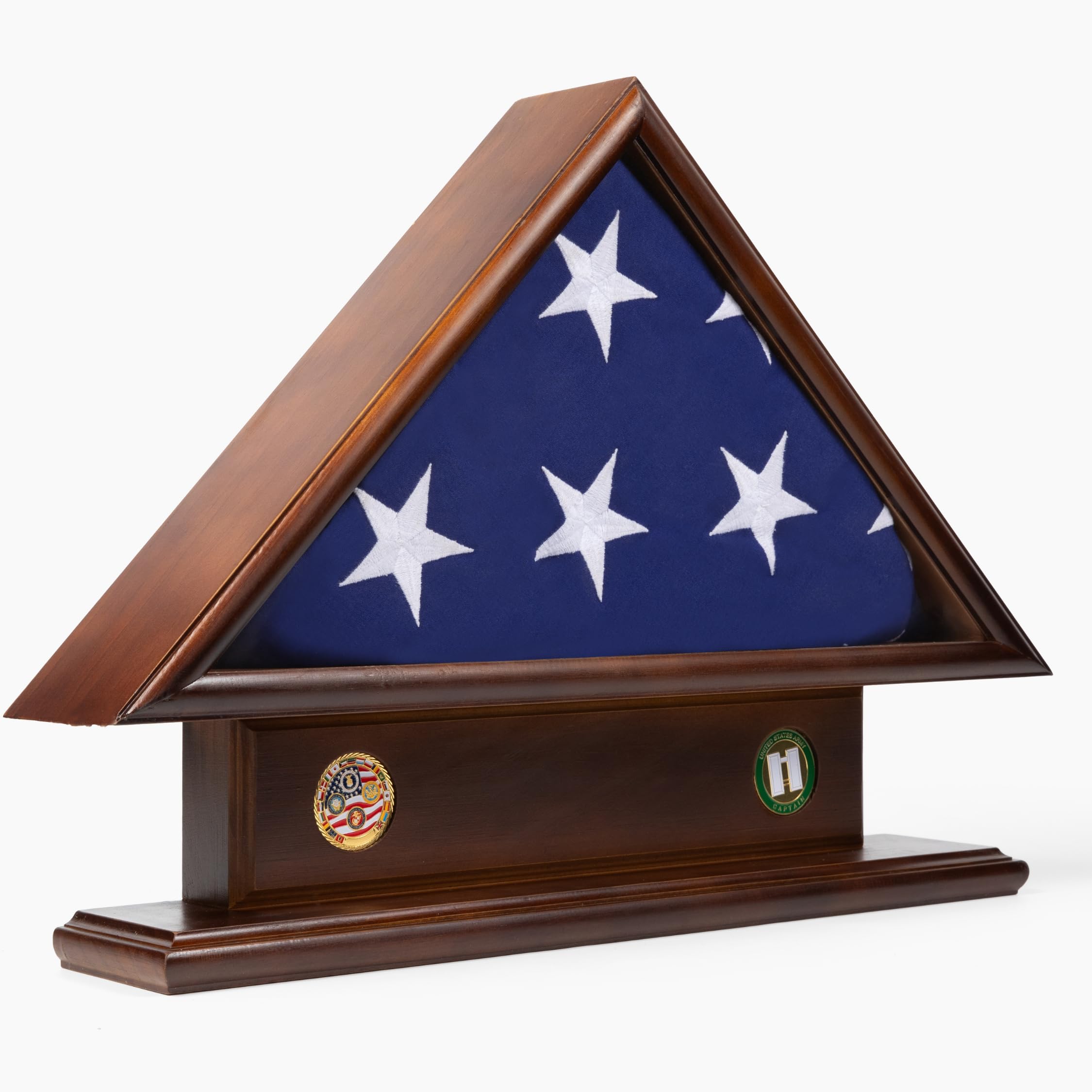 DECOMIL- 5x9 Flag Display Case Shadow Box with Base, Cherry Finish, Name Plate Space, Solid Wood (with 2 Coin Holder Slot)