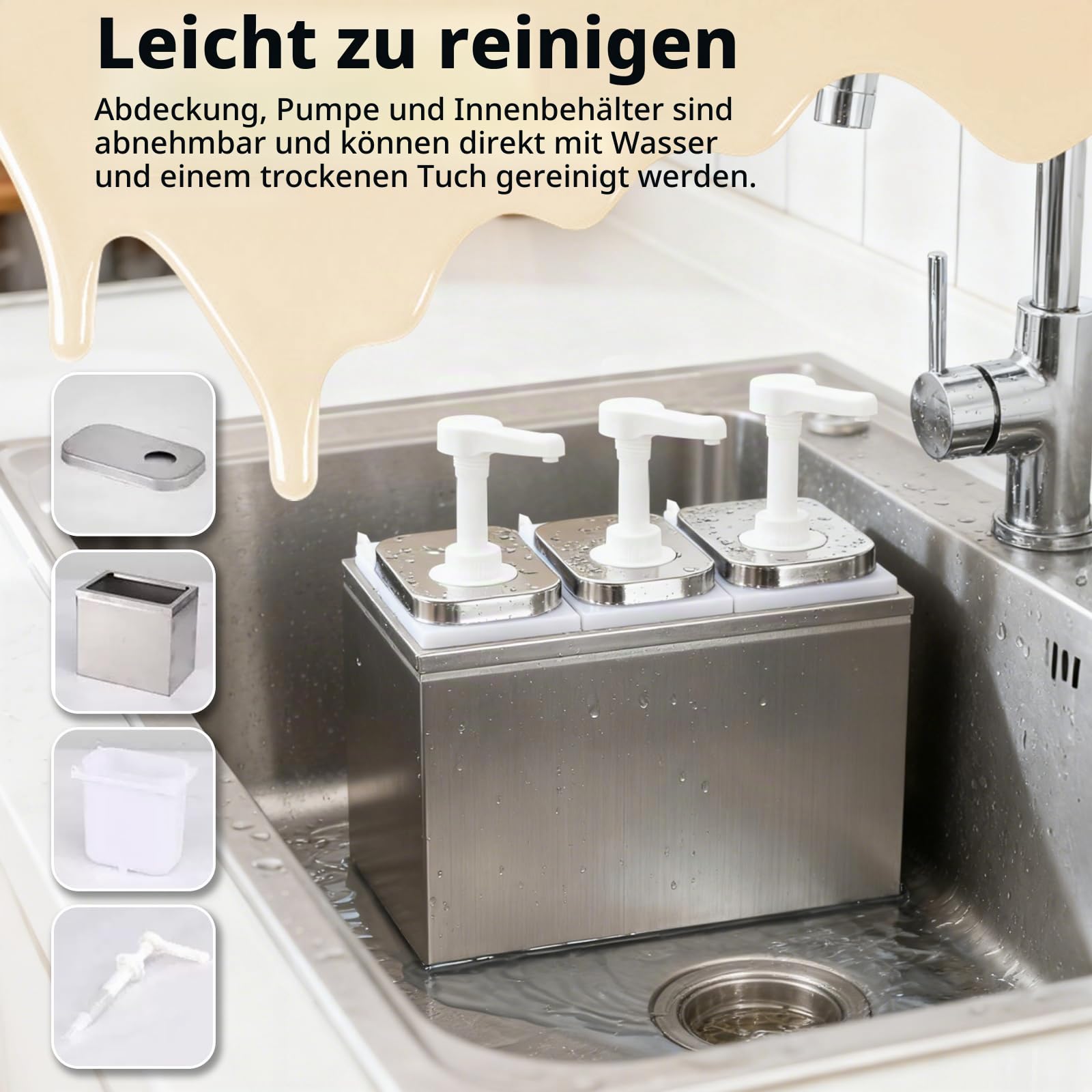 6L Saucenspender Pumpstation, 3 x 2 L Edelstahl Gewürzspender, Soßenspender Pumpe für Sojasauce, Essig, Ketchup, Salatdressing, Mayonnaise - 6 Pumps