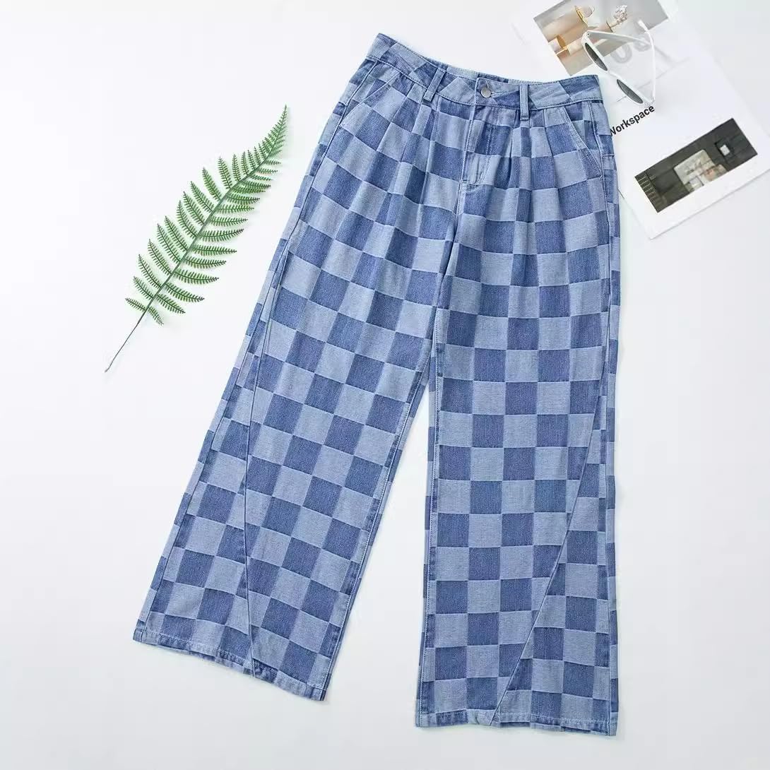 Womens Plaid Print Baggy Wide Leg Jeans High Waisted Straight Leg Denim Pants Chessboard Pattern Jeans - Image 8