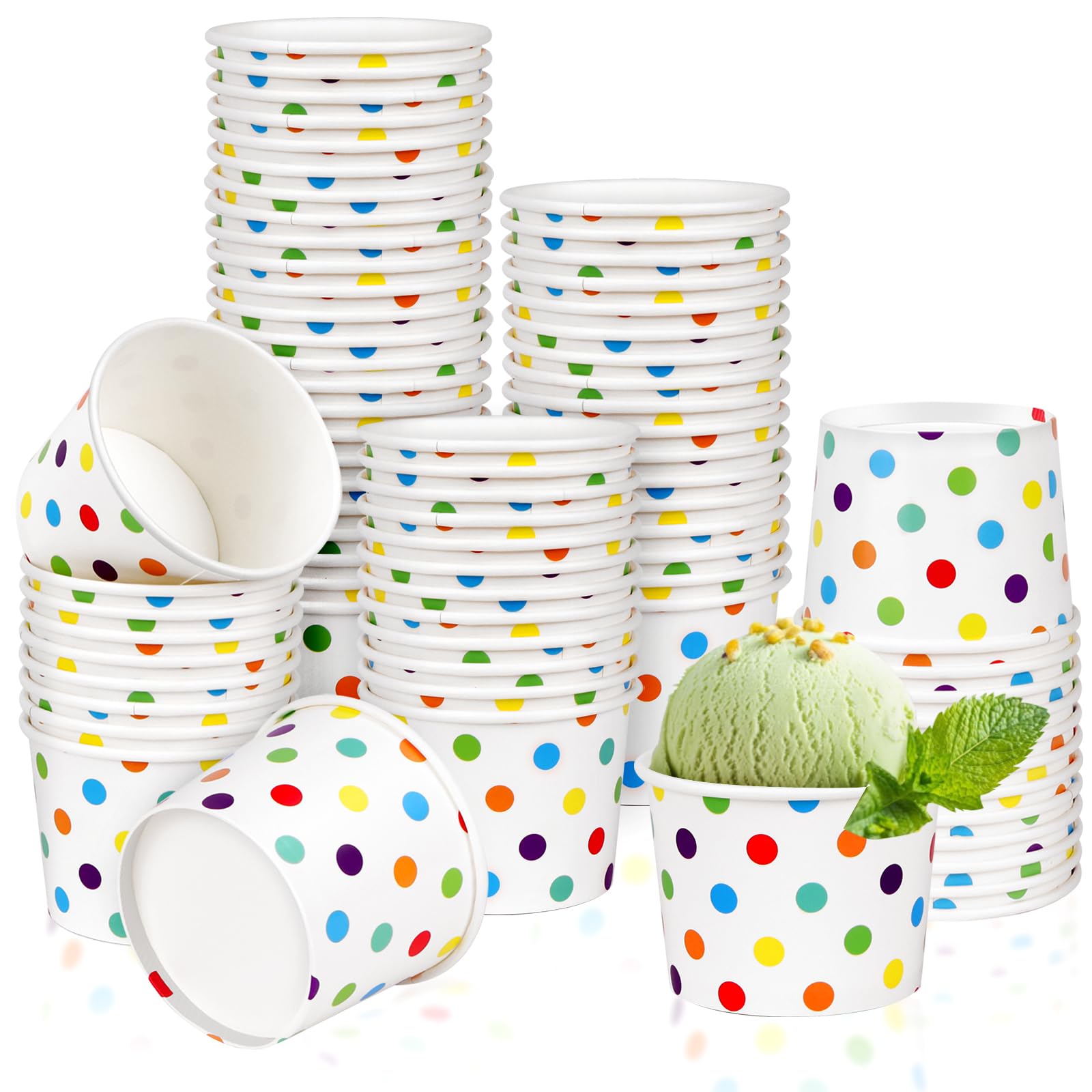50 Pcs Ice Cream Cups, Disposable Ice Cream Cups,Frozen Dessert Yogurt Cups, Paper Sundae Cups, Disposable Paper Dessert Bowls, Rainbow Polka Dots Party Supplies (4 oz, Colorful dots)
