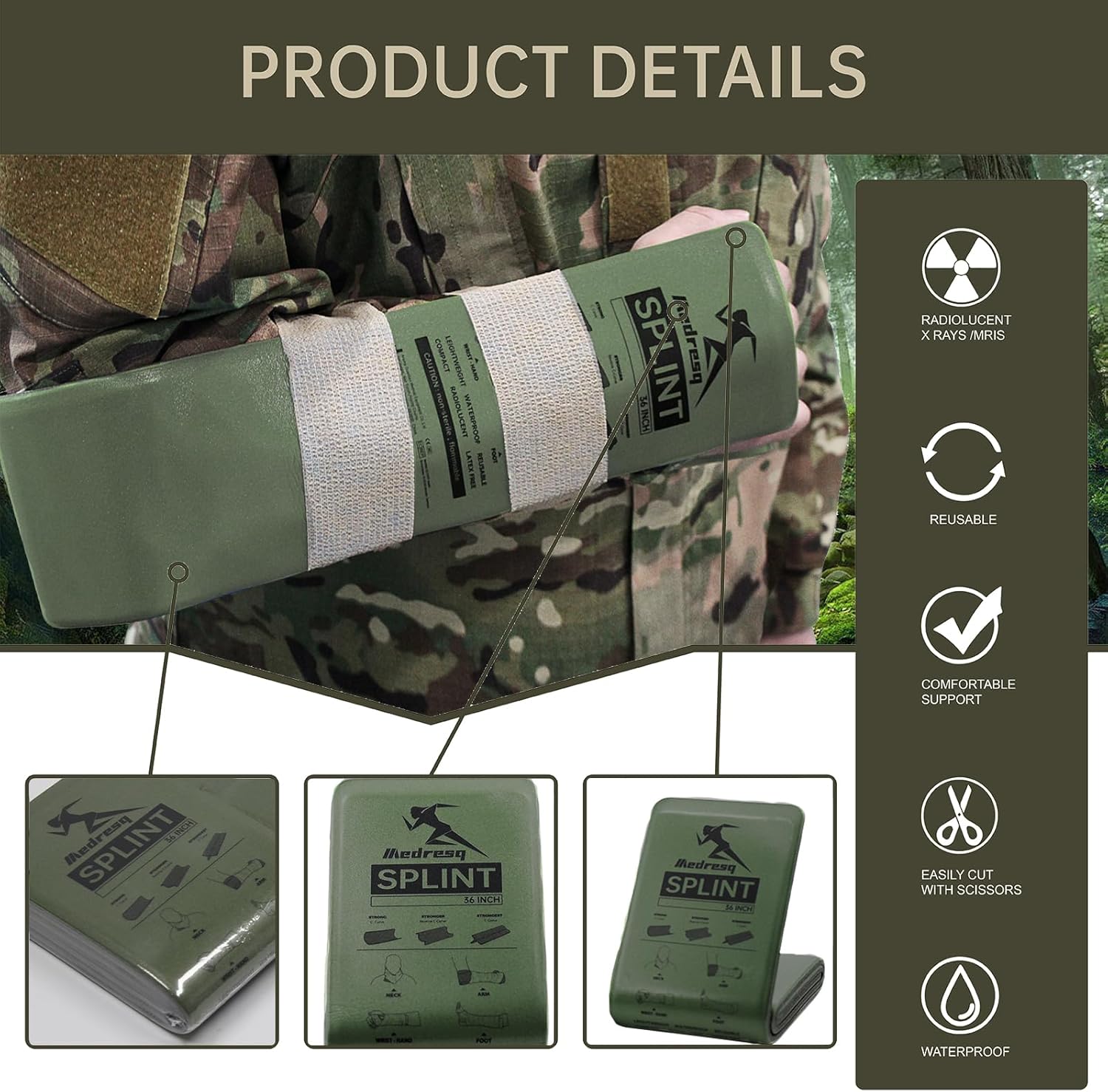 First Aid 4pc Splint Kit – Lightweight, Reusable Arm & Leg Fracture Support for Trauma Emergencies, Essential First Aid Gear for Home, Car & Outdoor Use (Green)