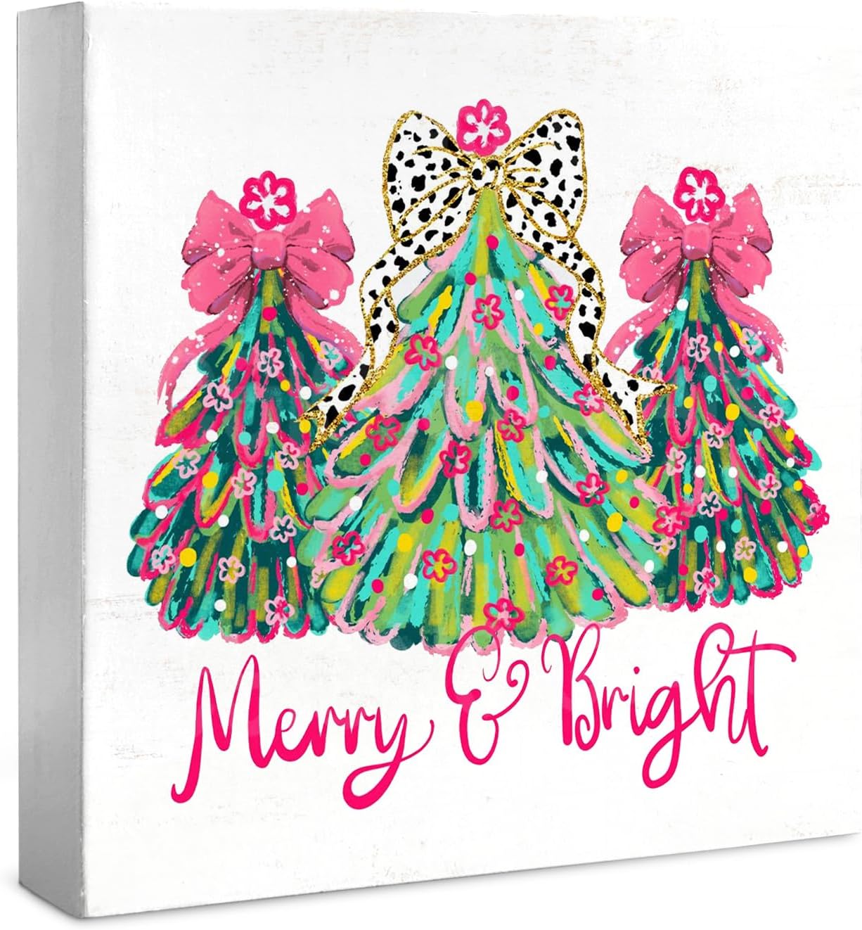 Cute Pink Christmas Tree Desk Decor Wooden Box Sign, Christmas Tree Sign for Home Kitchen Bedroom Office Shelf Tabletop, Pink Holiday Desk Decor, Merry And Bright, Gifts for Women, 5×5 Inch