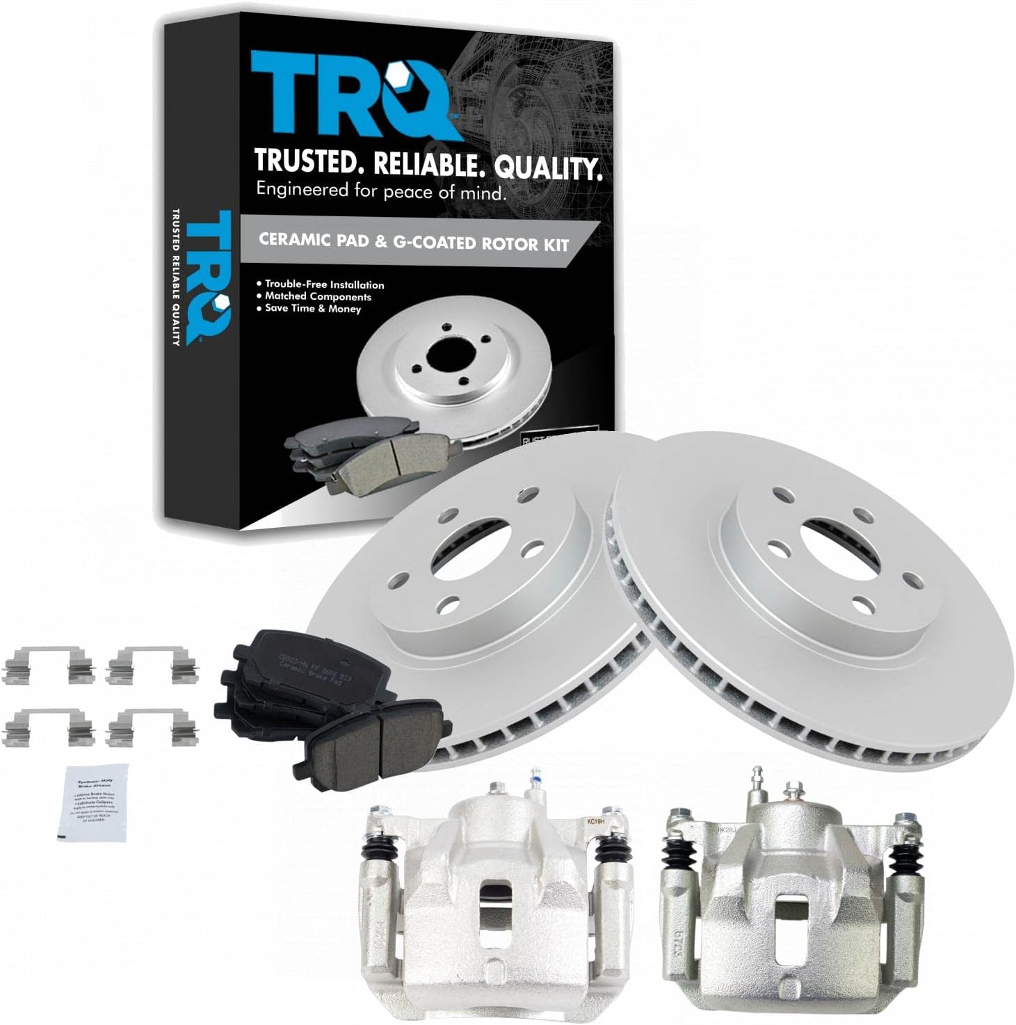 TRQ Front Brake Pad & Rotor Kit Brake Caliper Brake Pads Brake Rotor Ceramic Premium G-Coated Compatible with 2003-2008 Pontiac Vibe Toyota Corolla Matrix
