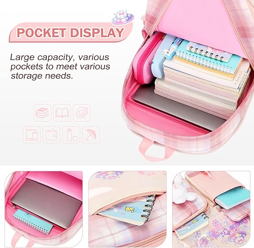 Miniatura 3 de Juego de mochila para niñas, mochila infantil para niñas, mochila escolar Kawaii Bunny para niña, jardín de infantes, primaria, preescolar, Tartán