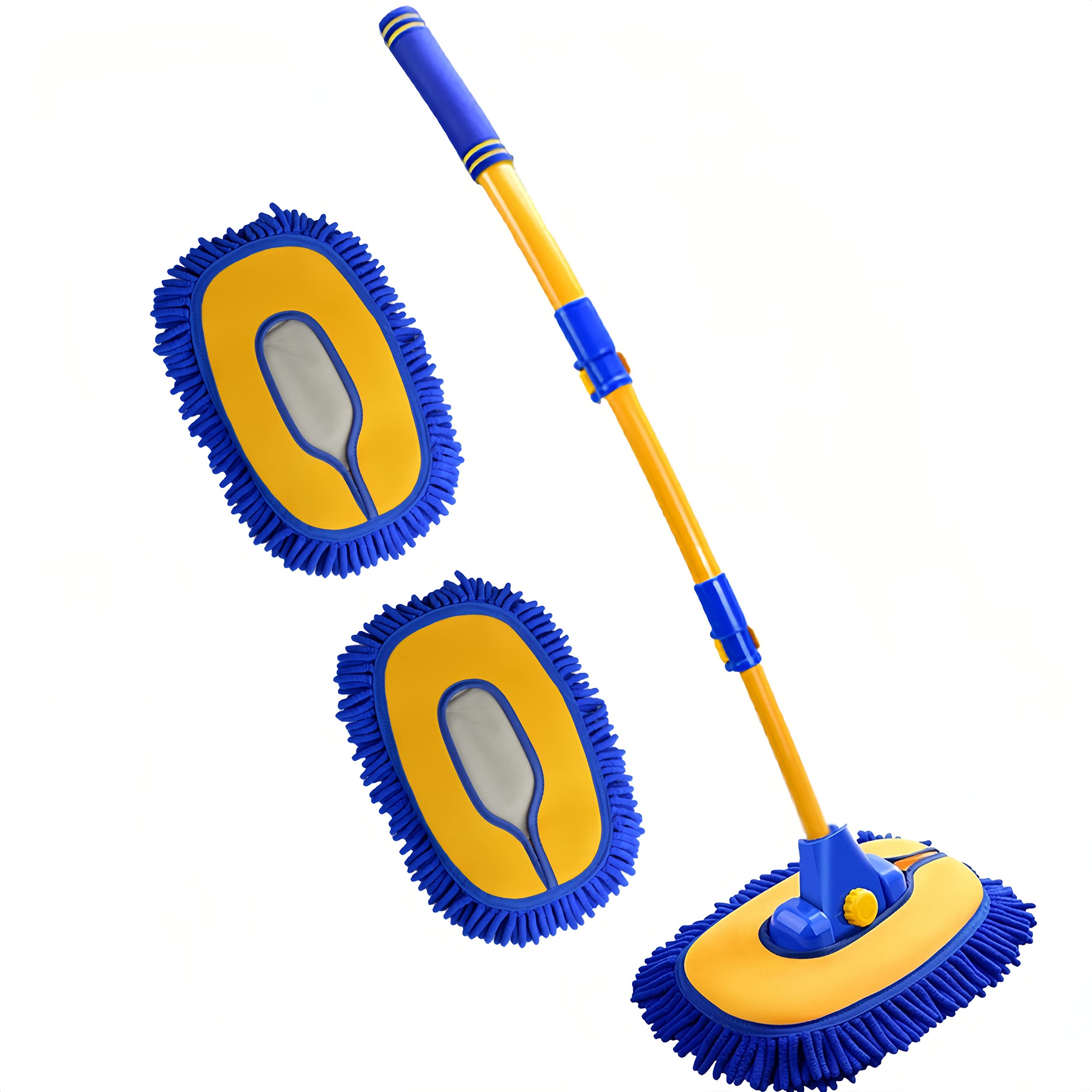 Upgrade Car Wash Brush with Long Handle,Chenille Microfiber Car Cleaning Brush Supplies Kit Car Wash Mop Accessories Car Washing Brush with Scratch-Free Replacement Head(Blue