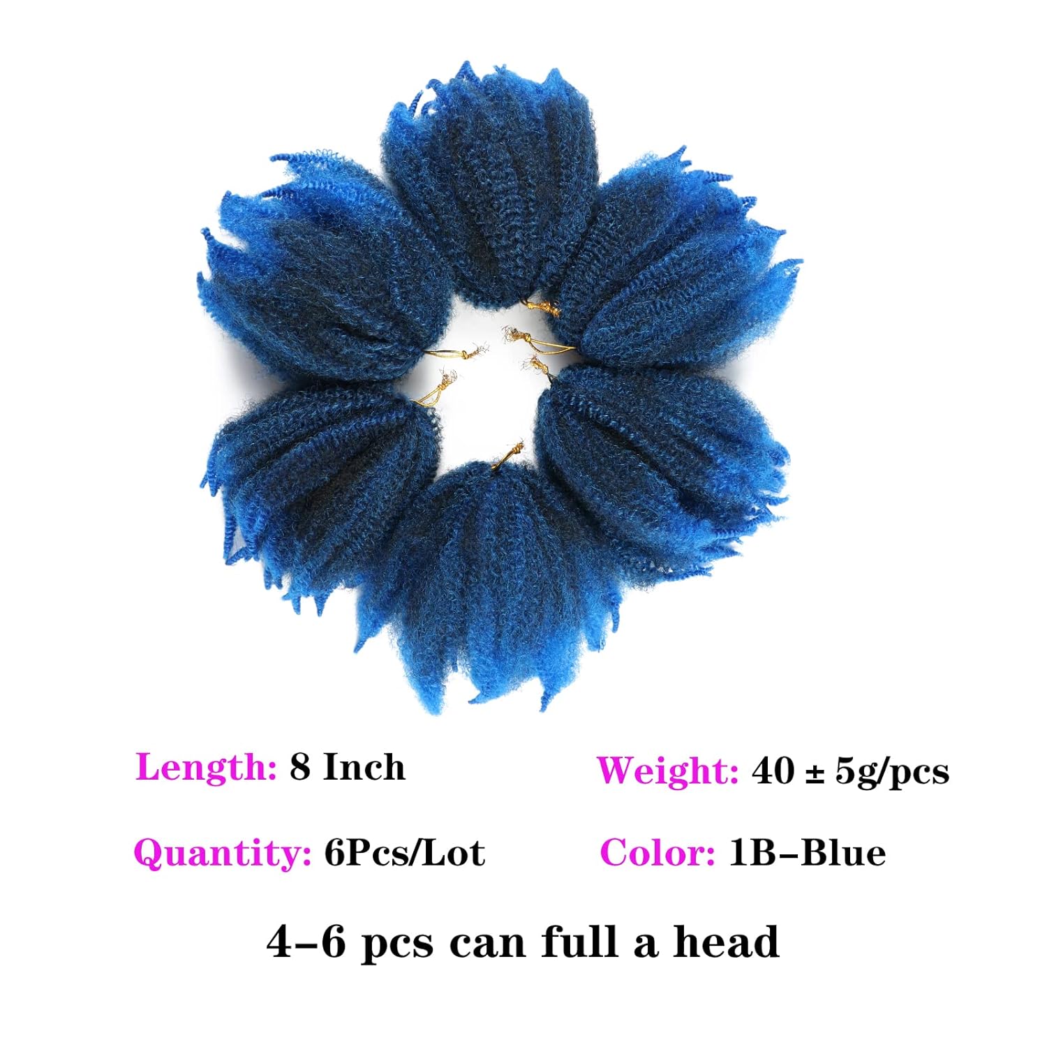 6Packs Marley Braiding Hair 8Inch Short Afro Kinky Twist Crochet Hair Braids Ombre Synthetic Fiber Hair Extensions for Women(1B-Blue)