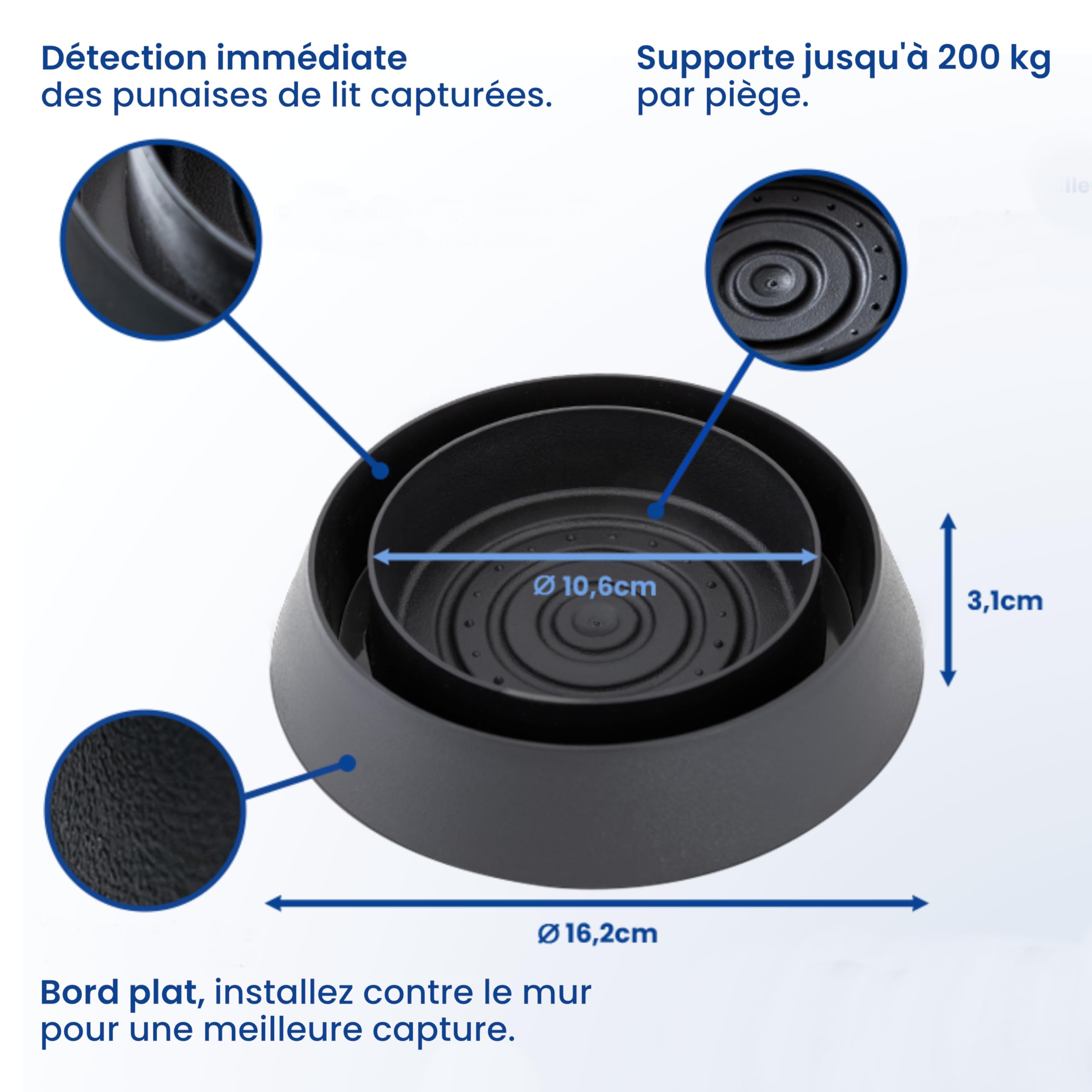 Piège Punaise de Lit Intercepteur OmniGuard Nidoan - Traitement Complet sans Insecticide, Applicateur et Silicate de Magnésium Inclus, 100% Réutilisable, Lot de 4