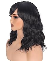 Vista 5 de Pelucas Bob Onduladas Negras Naturales a la Altura del Hombro Para Mujeres Pelucas Cortas Onduladas Con Flequillo Pelucas Sintéticas Onduladas