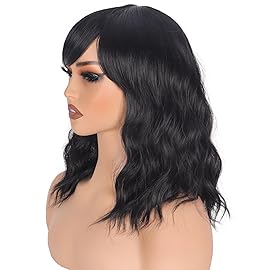 Shoulder Length Natural Black Wavy Bob Wigs For Women Short Wavy Wigs With Bangs Synthetic Wavy Wigs Heat Resistant Daily Use Wigs(Natural Black)