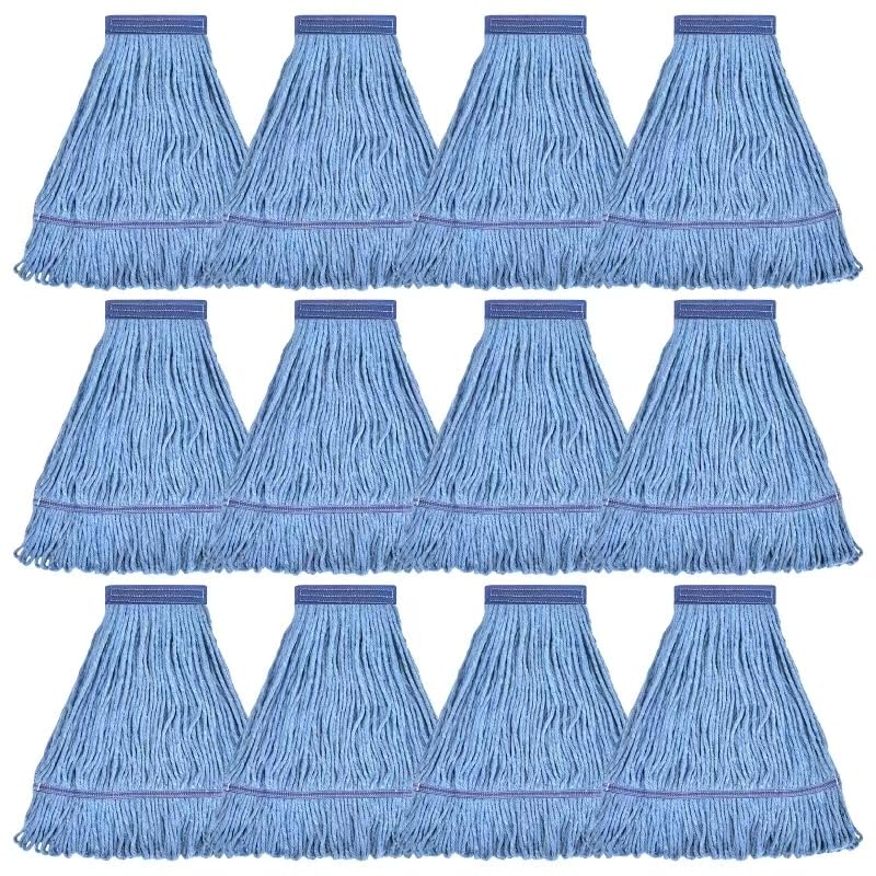Image of Matthew Cleaning Heavy Duty Mop Head Commercial Replacement for General and Floor Cleaning , Wet Industrial Blue Cotton Looped End String Head Refill (Pack of 12) Blue